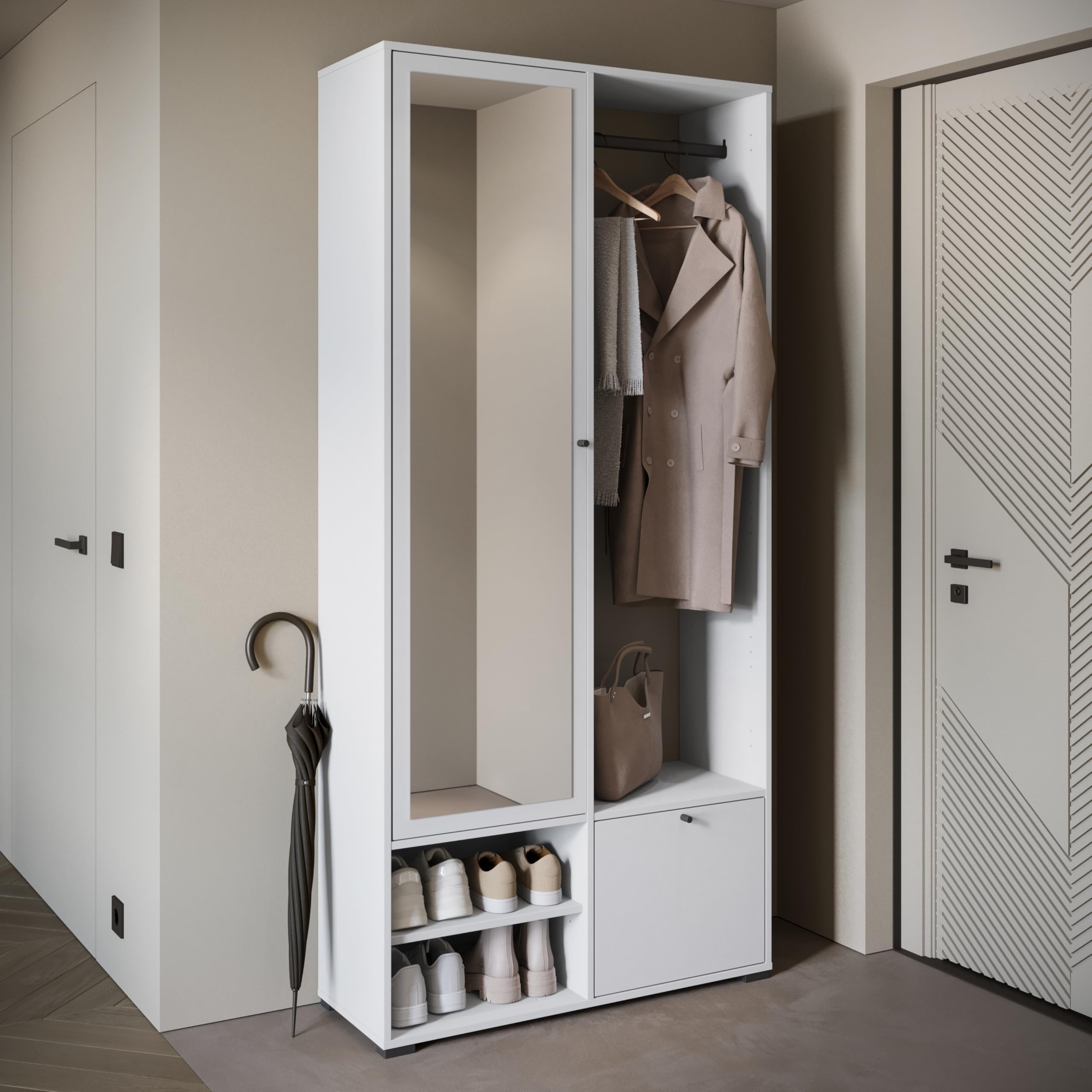 MINIO go for it - Garde-Robe DAFNI 90 cm de Large Ensemble de vestiaire | avec miroir, ensemble de vestiaire avec étagère et armoire à chaussures, armoire de vestiaire hall, meubles d'entrée, blanc