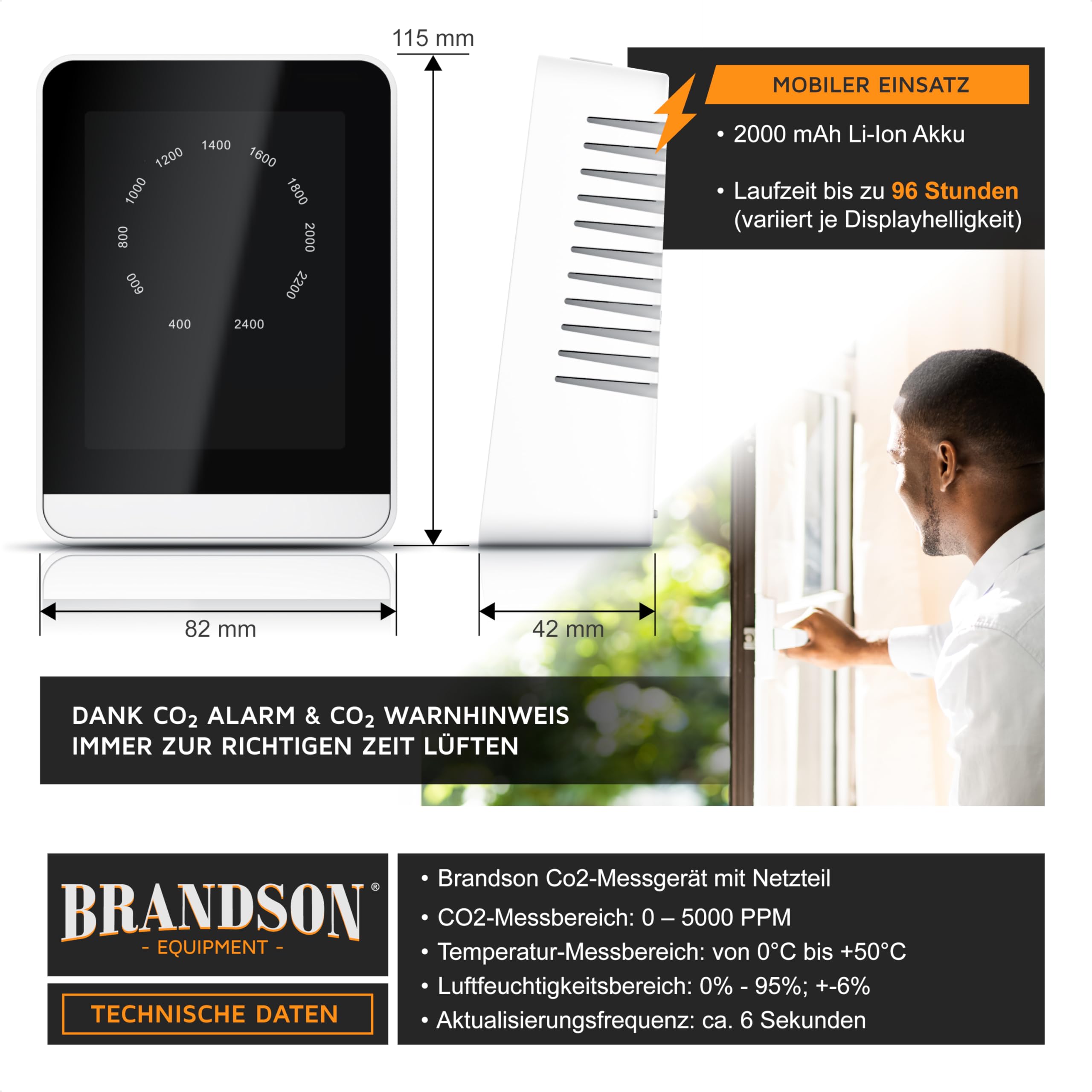 Brandson CO2 Melder Messgerät mit Akku Luftqualitätsprüfer Kohlenstoffdioxid Sensor PPM Anzeige Temperatur Luftfeuchtigkeit