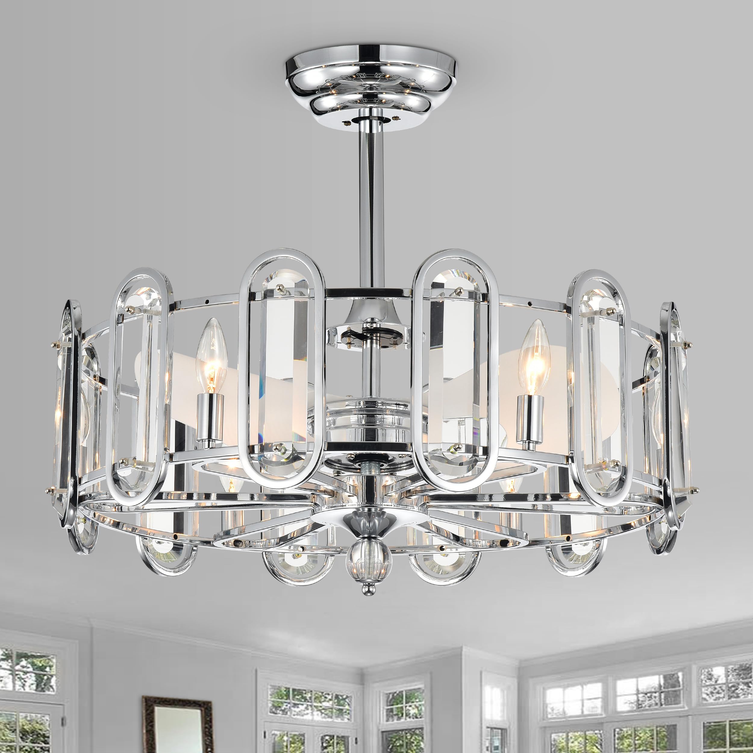 GOWE Dia 26 inch Crystal Chandelier Ceiling Fan Vintage Fandelier Flush Mounted Invisible for Bedroom Dining Room Living Room Kitchen Farmhouse Entry, Chrome