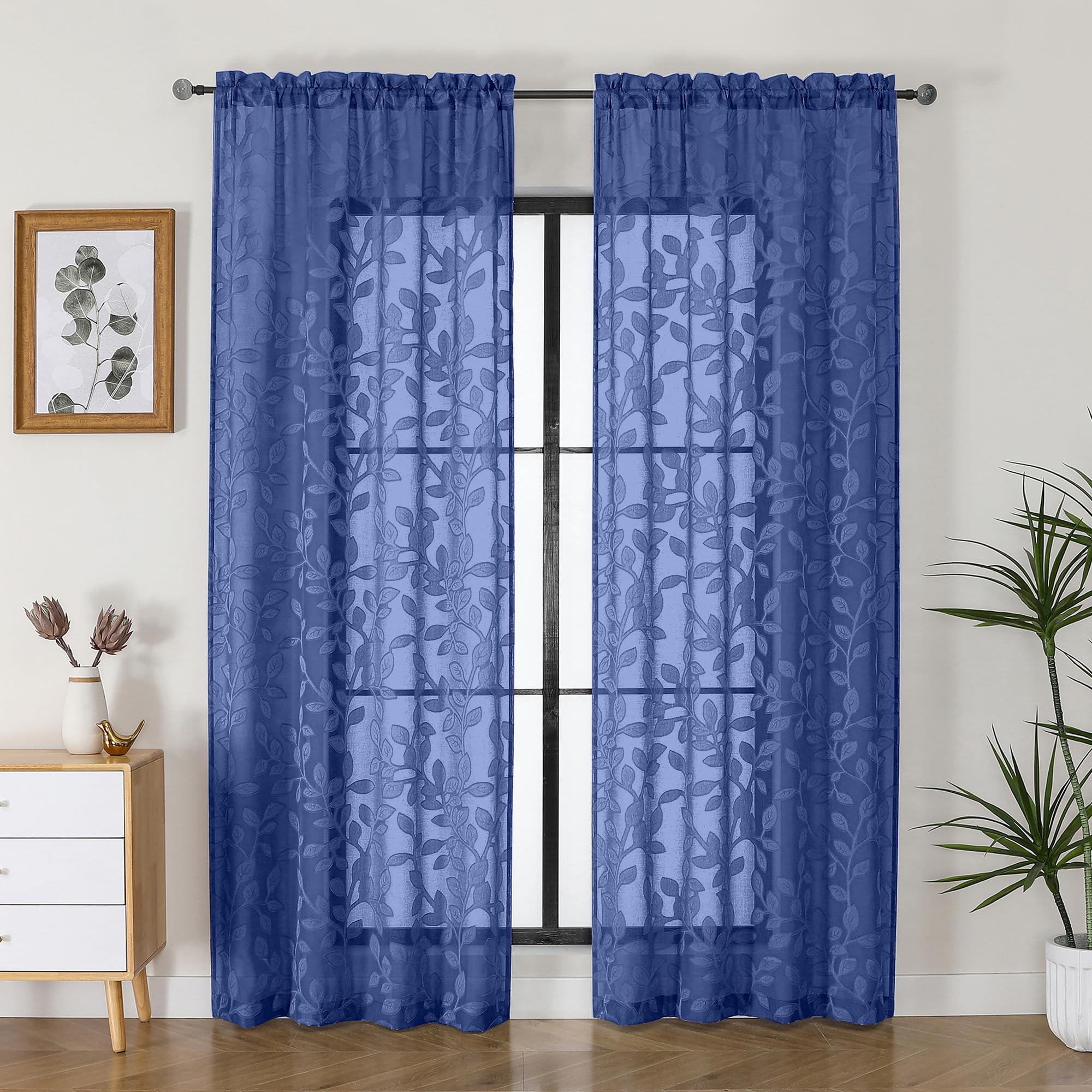 OVZME Sheer Curtains in Dust Blue, 84 inches long, 2-piece set, Jacquard with leaf pattern, semi sheer and light diffusing, ideal for living room or bedroom, each curtain 42 x 84 inches