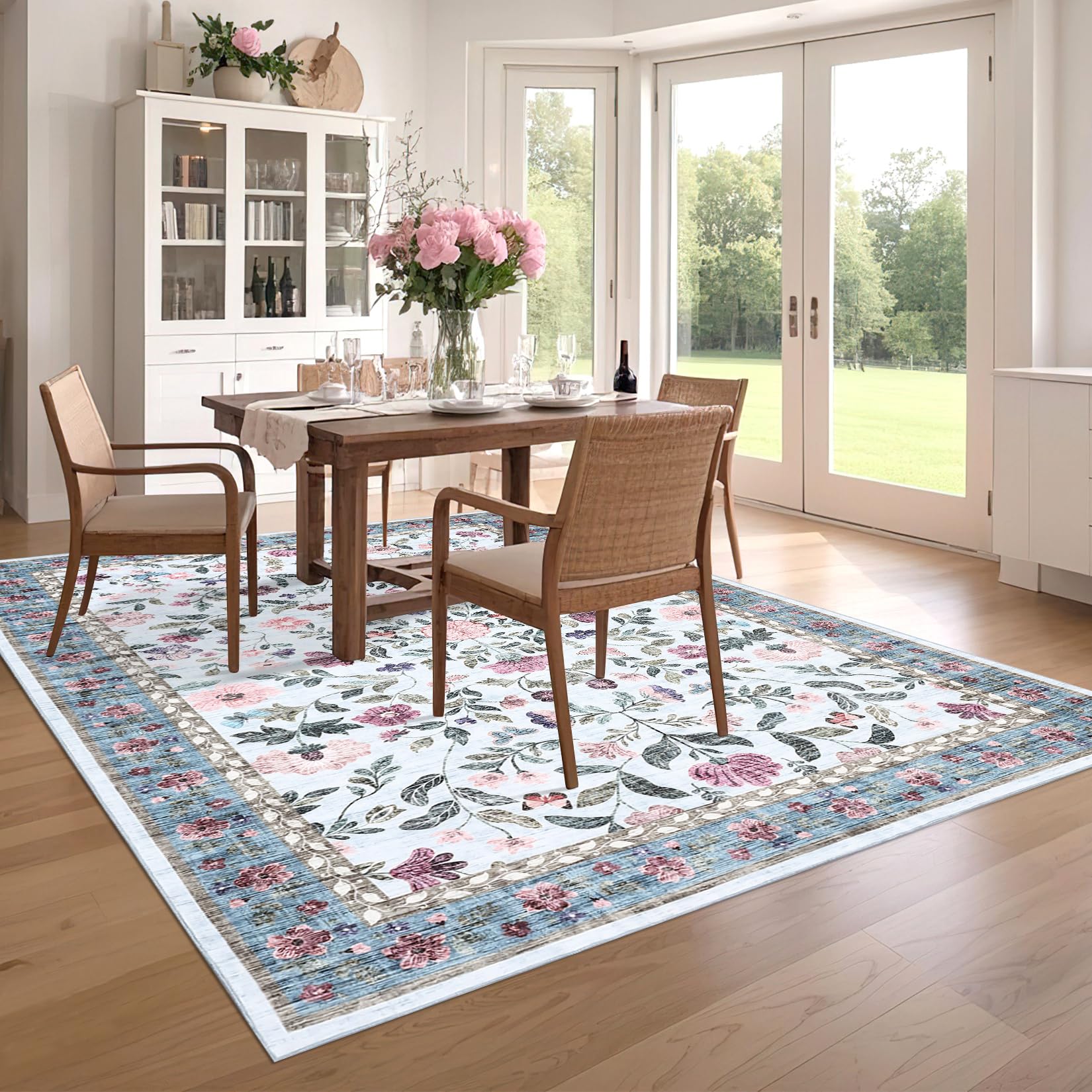 CAROMIO Washable Distressed Vintage Floral Low Pile Area Rug 140x200cm Blue