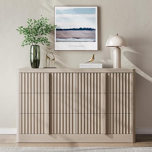 Miniatura 3 de Cómoda acanalada para dormitorio, cómoda de 47 pulgadas de ancho, cómoda moderna de 6 cajones con mango de madera maciza, diseño de perfil curvo,