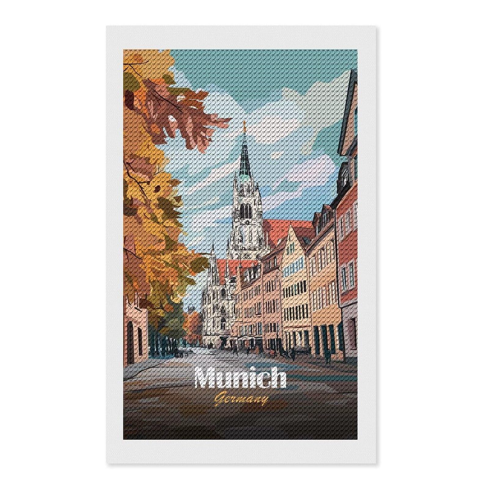 Junmoney Munich Cityscape Illustration Round Drill Diamond Painting 12"x20", for Women, Relaxing DIY Hobby, Bedroom Decor, Christmas Gift, Adhesive Canvas