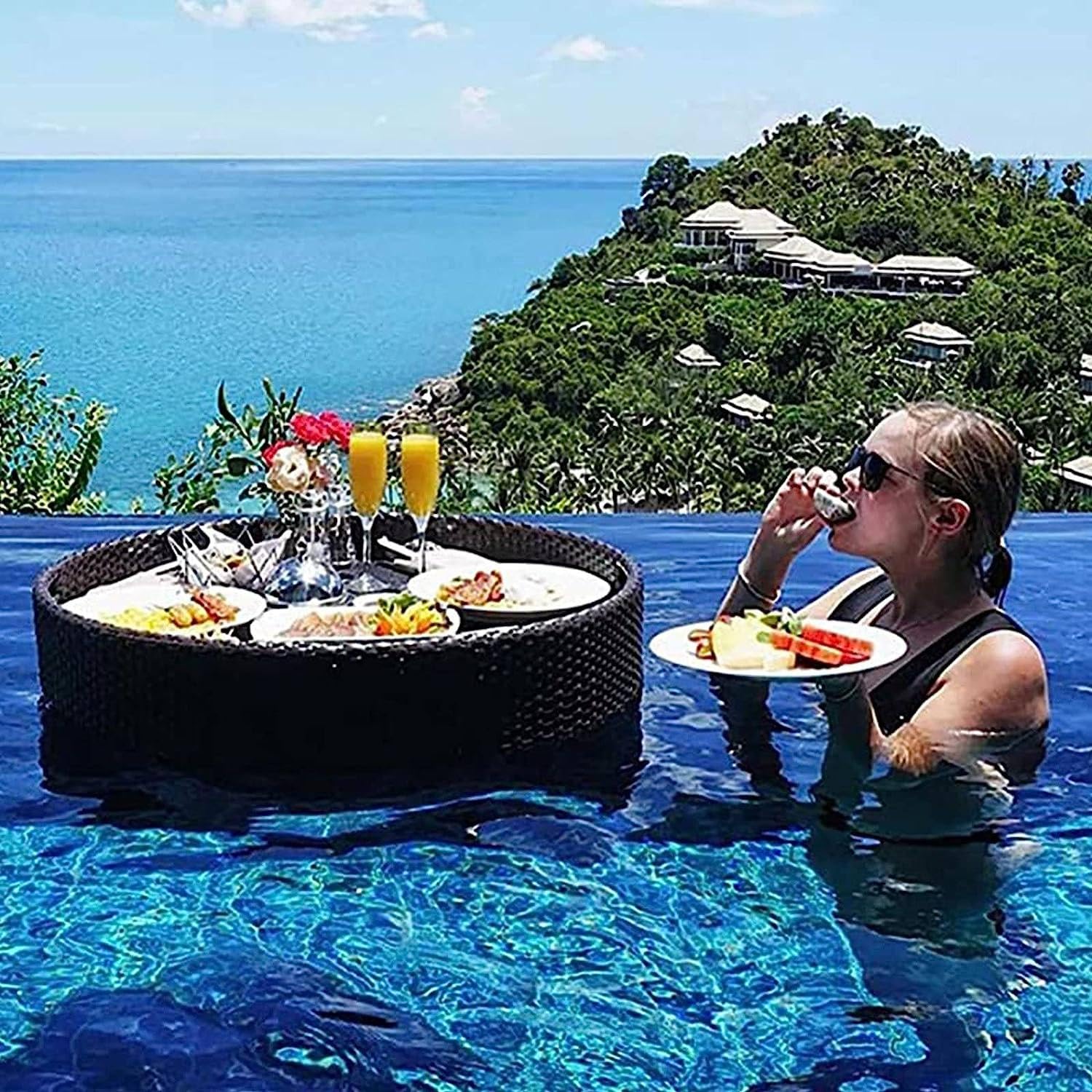 Swimming pool floating bar, Large Floating Bar Drink Holder, Floating Tray(Black,80cm)