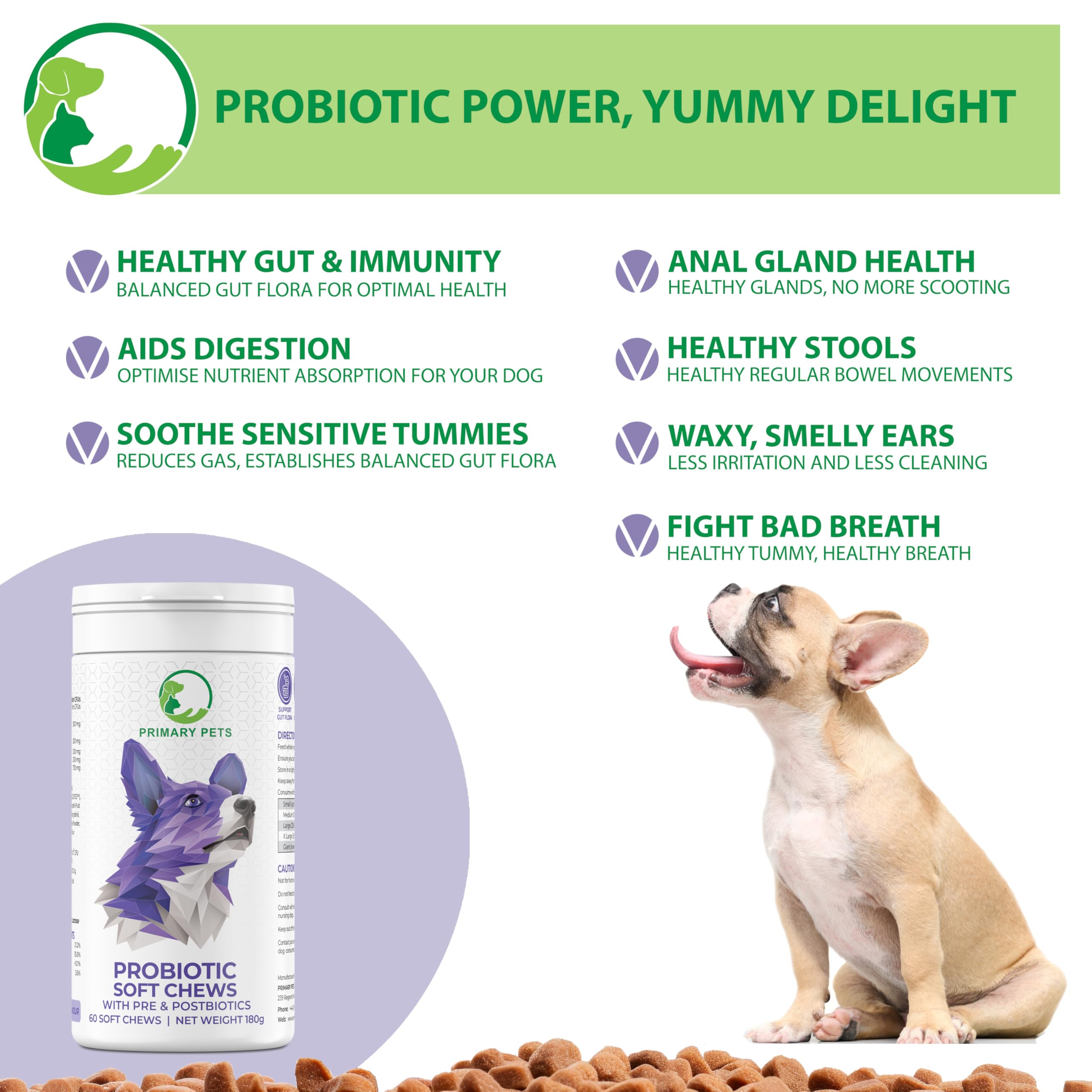 Primary Pets Premium Pet Supplies Dog Probiotic Treats with Prebiotics, Postbiotics and Enzymes, Natural, 60 Chews - Image 2