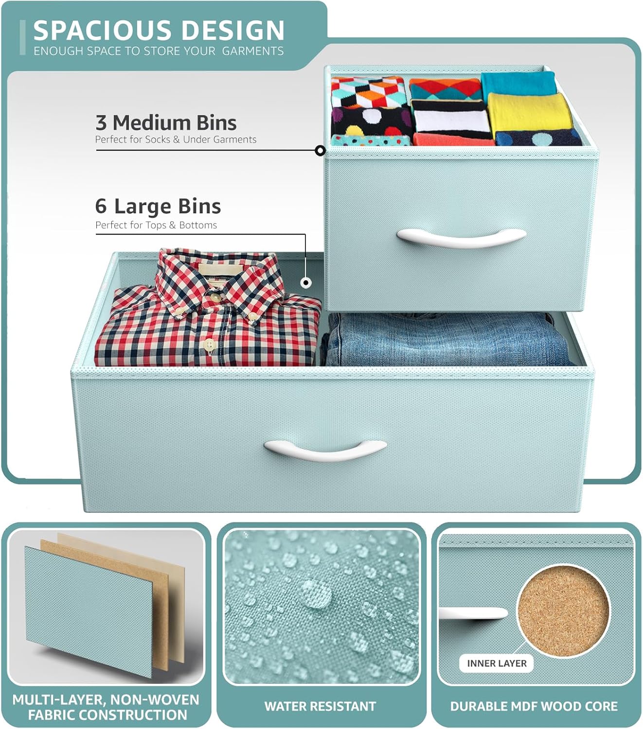 Aqua 9-Drawer Steel Frame Nursery Dresser with Fabric Bins