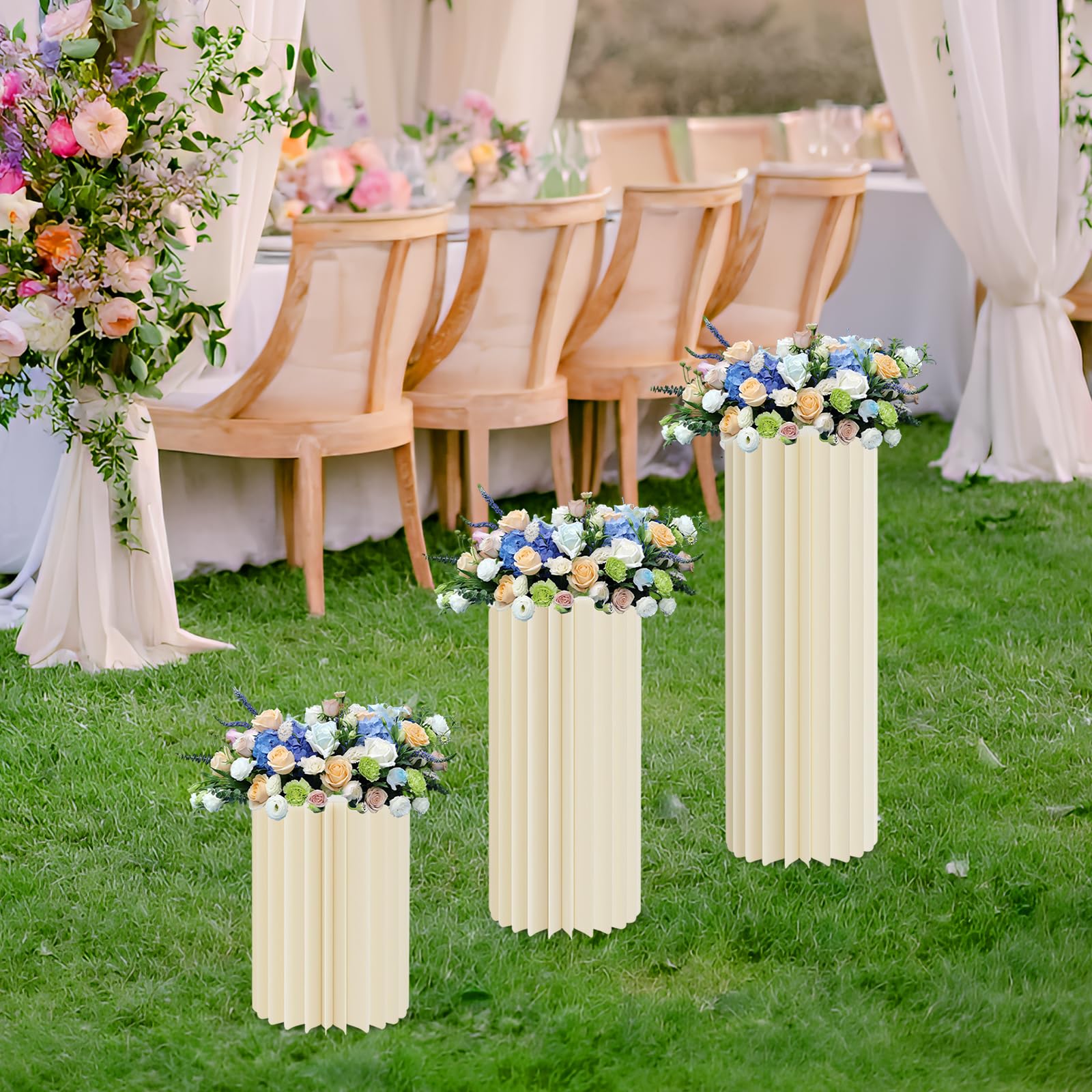 3 pezzi 40-80 cm Colonne Fiori Cartone, Supporto Mazzo Matrimonio Pieghevole | 3 pezzi, 40/60/80 cm, 25-30 kg, cartone & PVC, struttura a nido d'ape, pieghevole, bianco, per matrimoni e feste