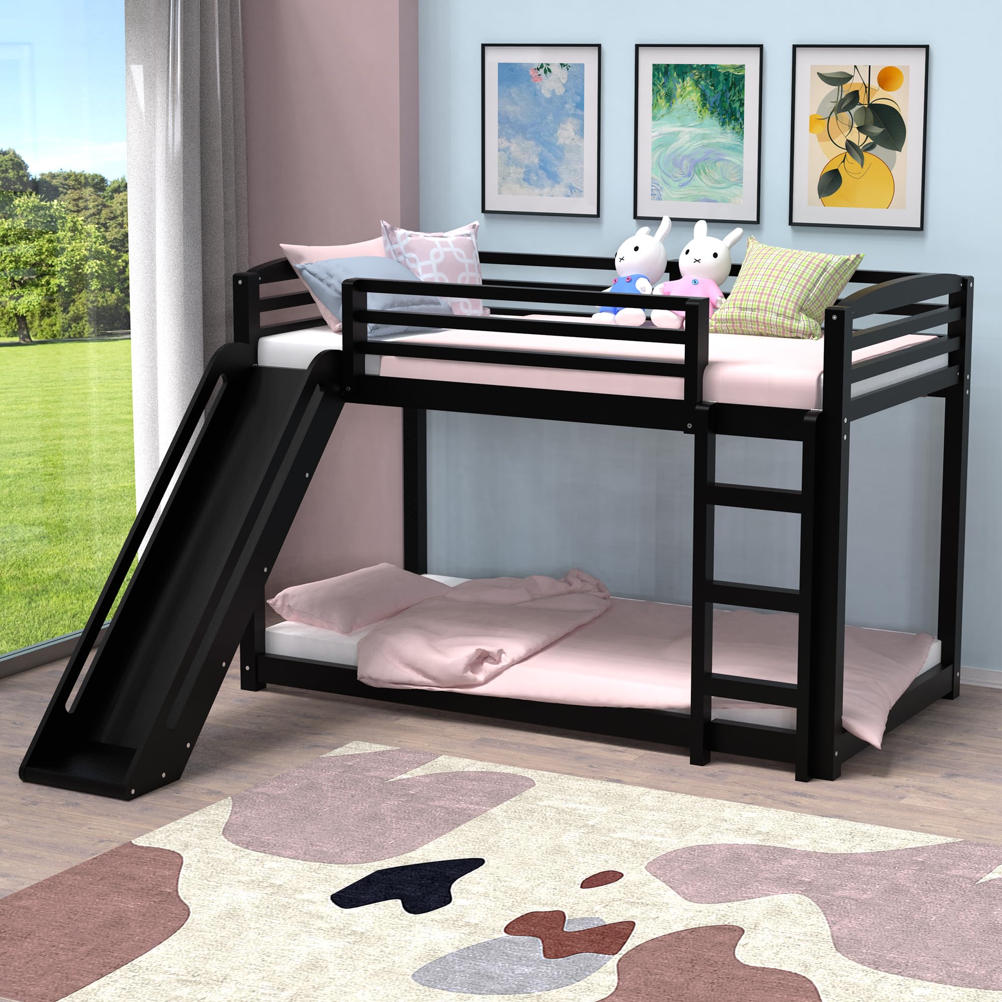Twin Over Twin Bunk Bed with Slide, Solid Wood Floor Bunk Bed Frame with Guardrails, Slats and Ladder, Bunk Beds Playhouse for Kids Girls Boys, No Box Spring Needed, Black