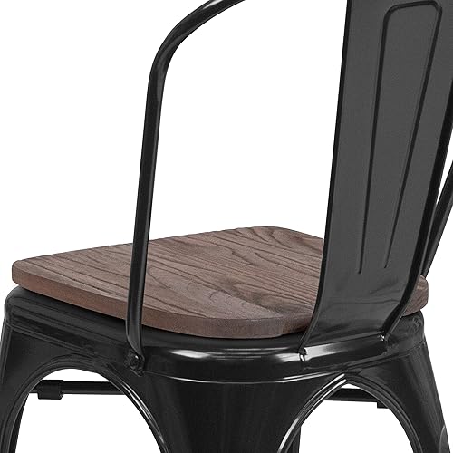 Miniatura 9 de EMMA + OLIVER Silla apilable de metal negro con asiento de madera