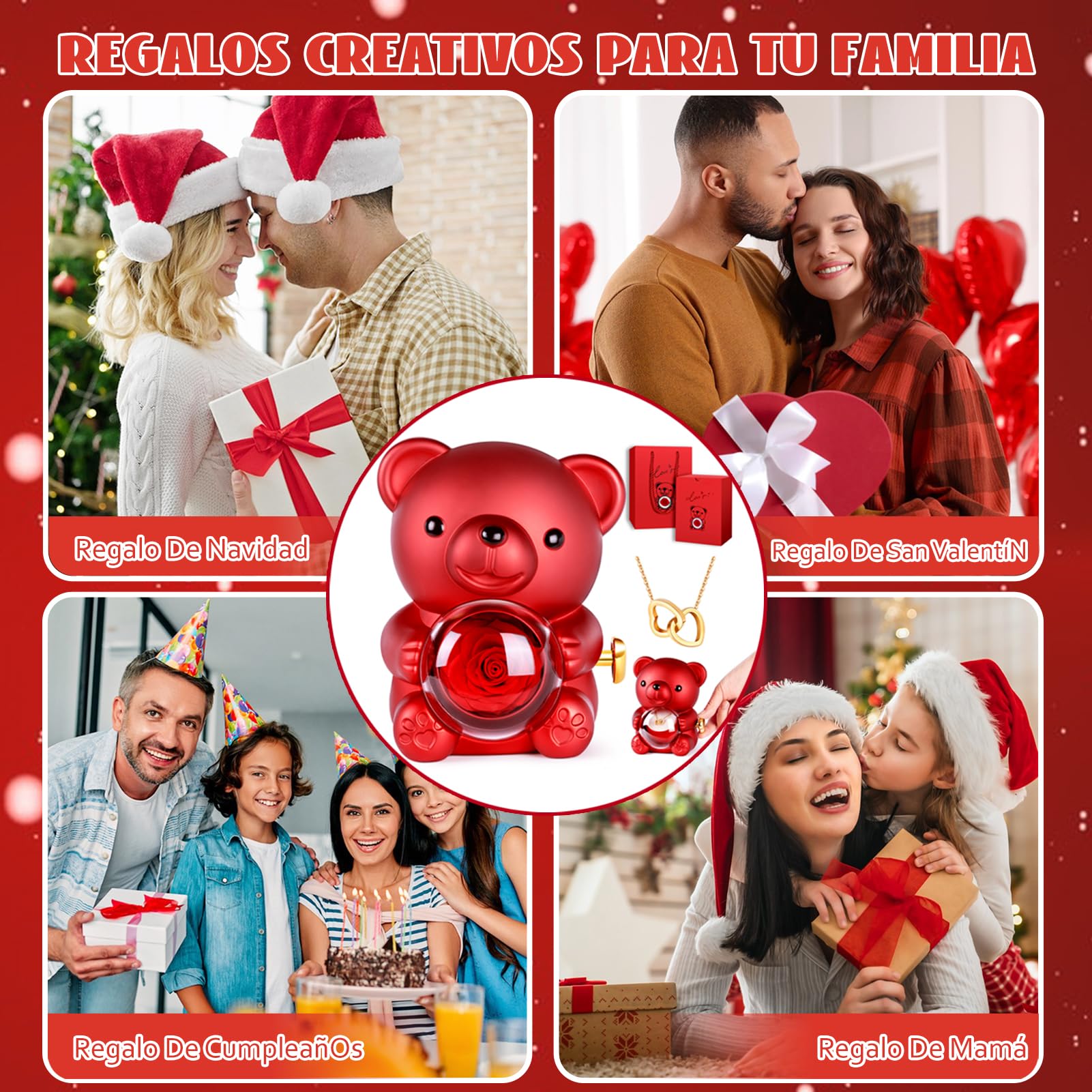 Oso con Rosa Eterna y Collar, Flor Eterna con Osito,Osito con Colgante Dentro,Regalo para Ella Oso- Regalos para Mujer día de San Valentín, Cumpleaños,Regalo Mamá Navidad