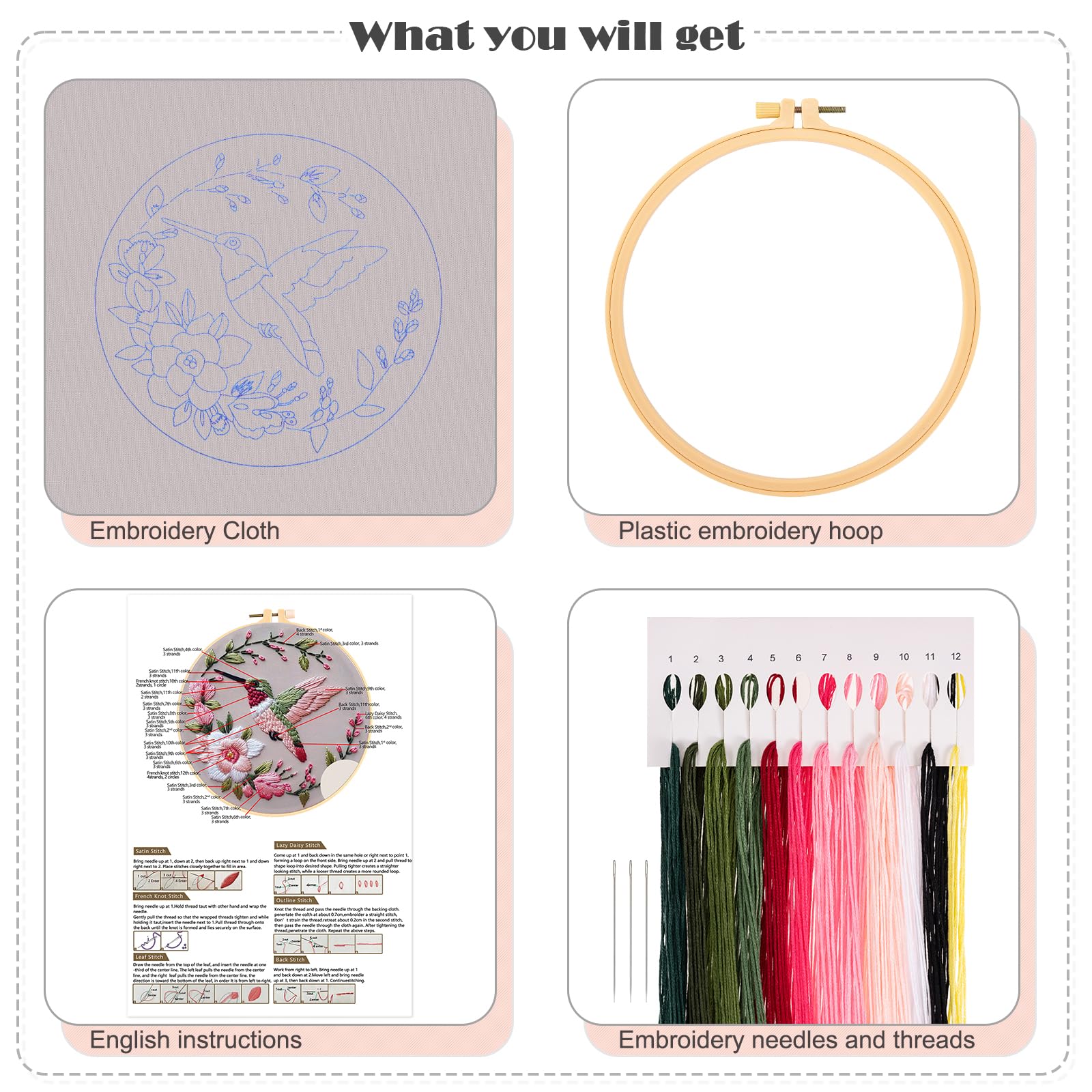Kit Da Ricamo Per Principianti Adulti – 3 Set Con Colibrì E Fiori – Include Telaio, Fili E Accessori - 4
