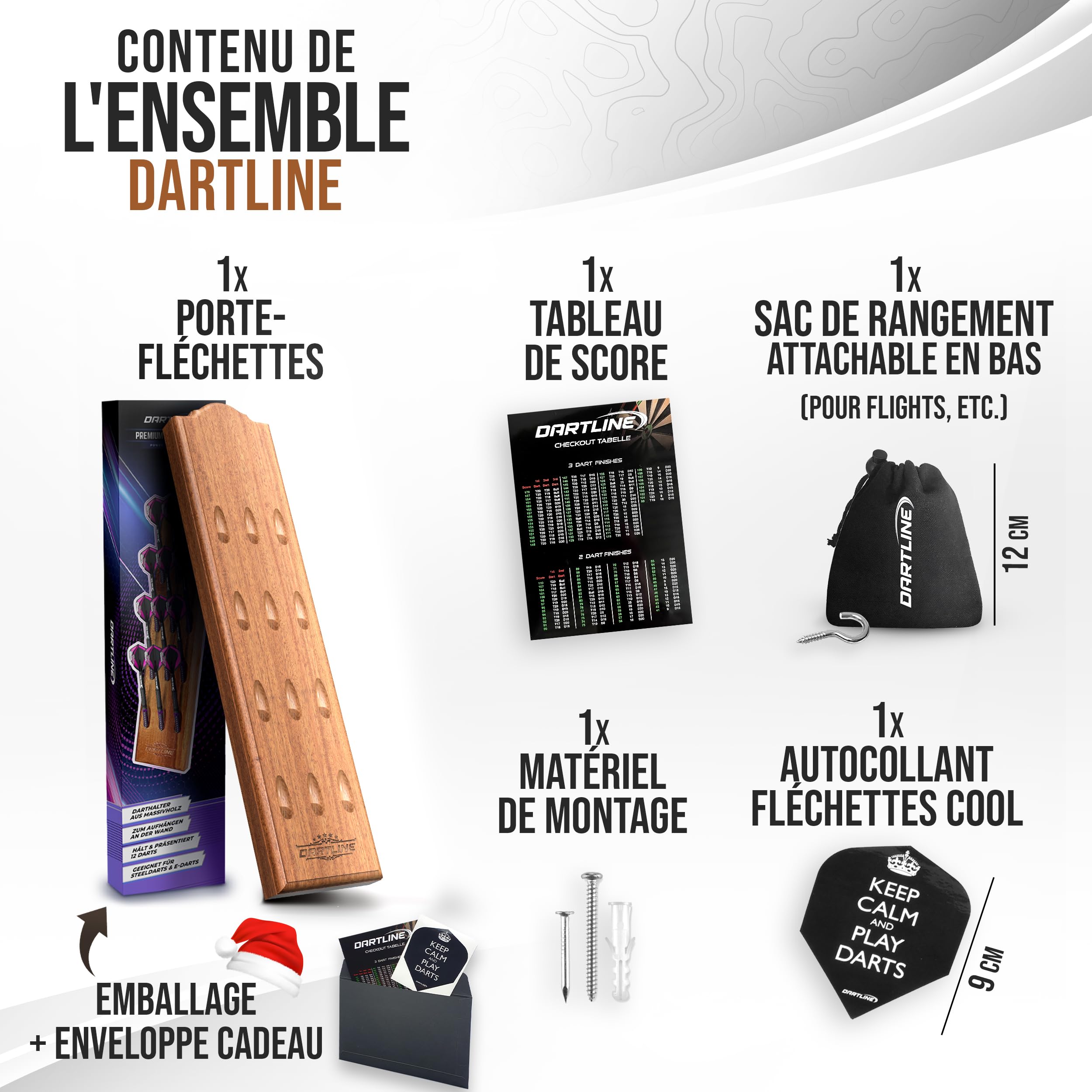 Porte-fléchette Mural en Bois pour 12 fléchettes - Support Mural pour fléchettes Acier et Soft - Accessoire Darts de qualité (Marron, Forme Allongé)