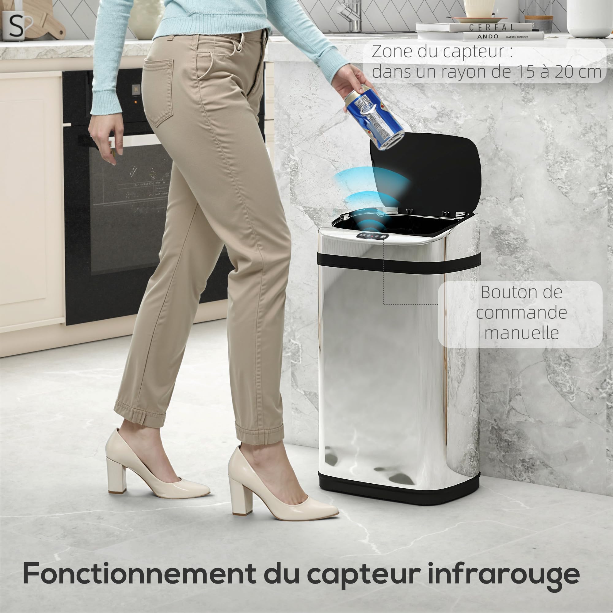 HOMCOM Poubelle de Cuisine Automatique 30L en Acier Inoxydable Argent | Capteur de Mouvement Sans Contact, Couvercle, Fonctionne sur Piles, Maison Bureau Salle de Bain Salon
