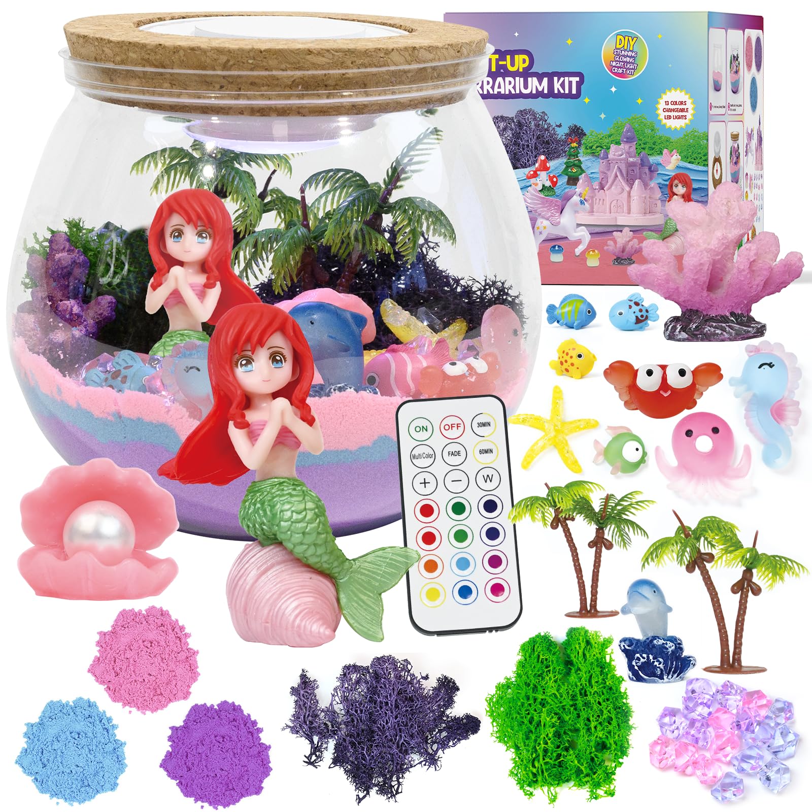 lonfypeng Mermaid Terrarium Kit for Kids - LED Night Light Birthday Gift for Girls Ages 4 5 6 7 8-12 Year Old - Toys for Girls - DIY Arts and Crafts Kit for Kids - Best Girls Presents (Mermaid)