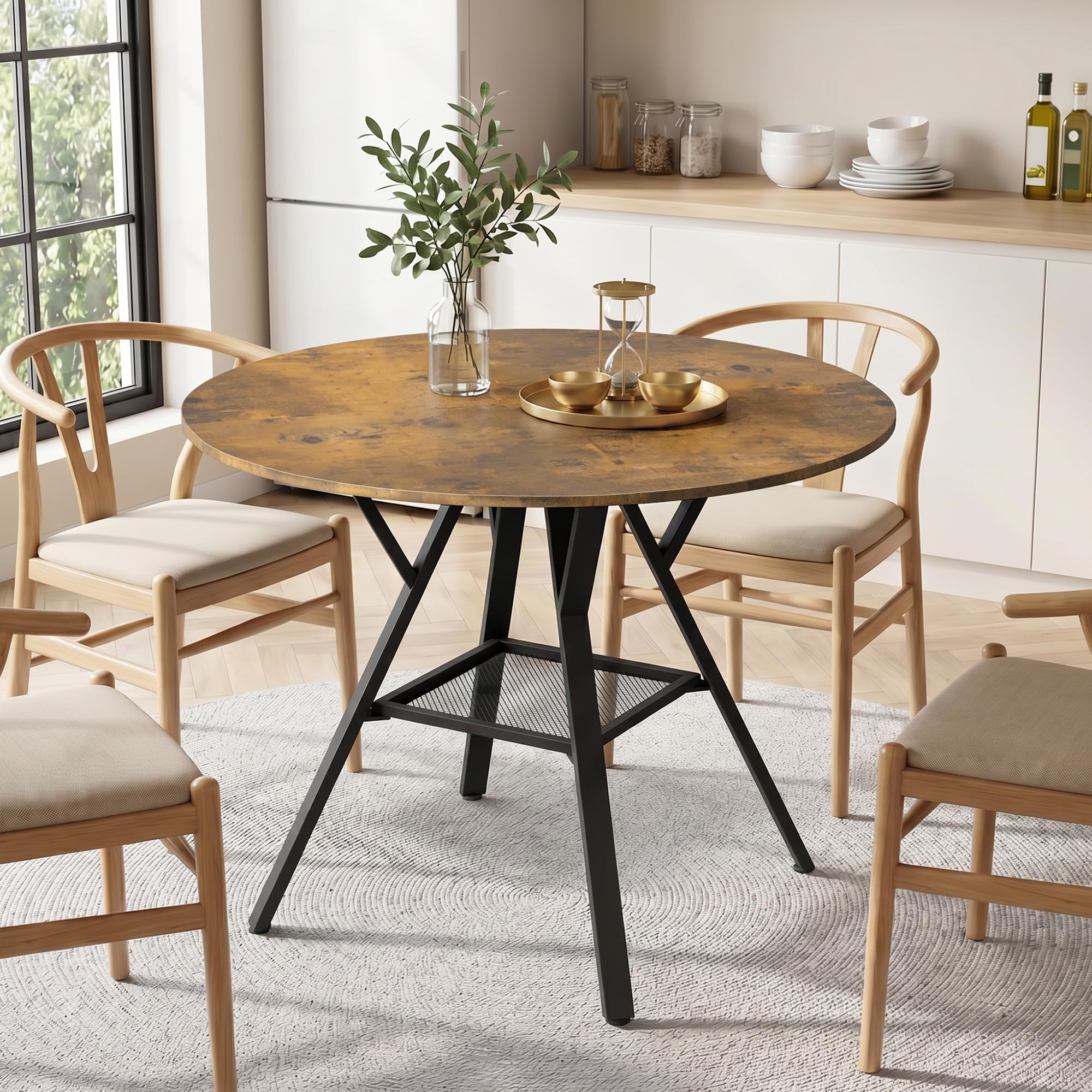 Tavolo da Pranzo Rotondo per 4-6 Persone, Tavolo da Cucina Industriale con Ripiano a Rete, Tavolo in Legno Salvaspazio per Sala da Pranzo e Cucina (Retrò, 100cm)