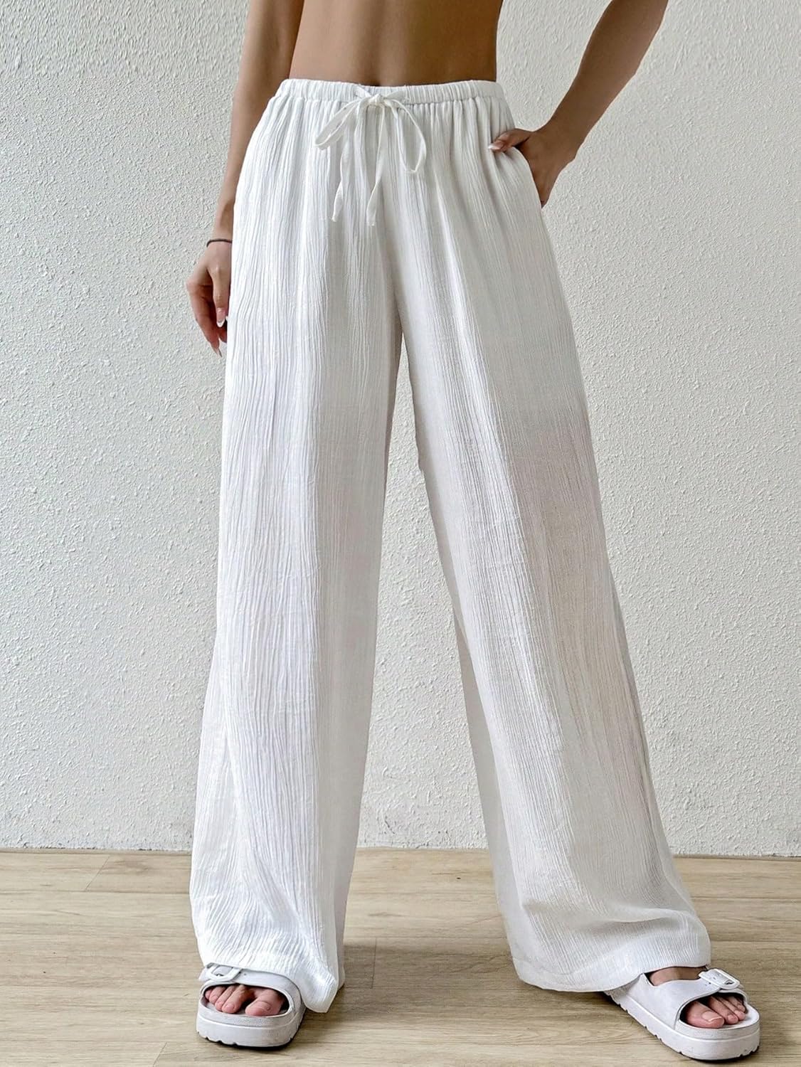 QJQ Women's Drawstring Waist Wide Leg Elegant Linen Palazzo Pants Elastic High Waisted Loose Trousers 2026 - Image 2