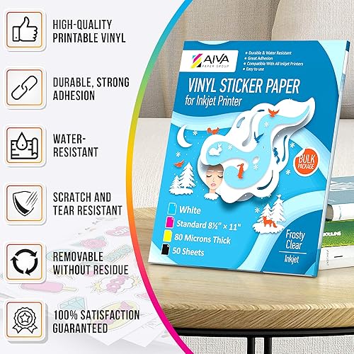 Miniatura 9 de Papel adhesivo de vinilo imprimible, papel de calcomanía impermeable para impresora de inyección de tinta, 70 hojas autoadhesivas, blanco mate,