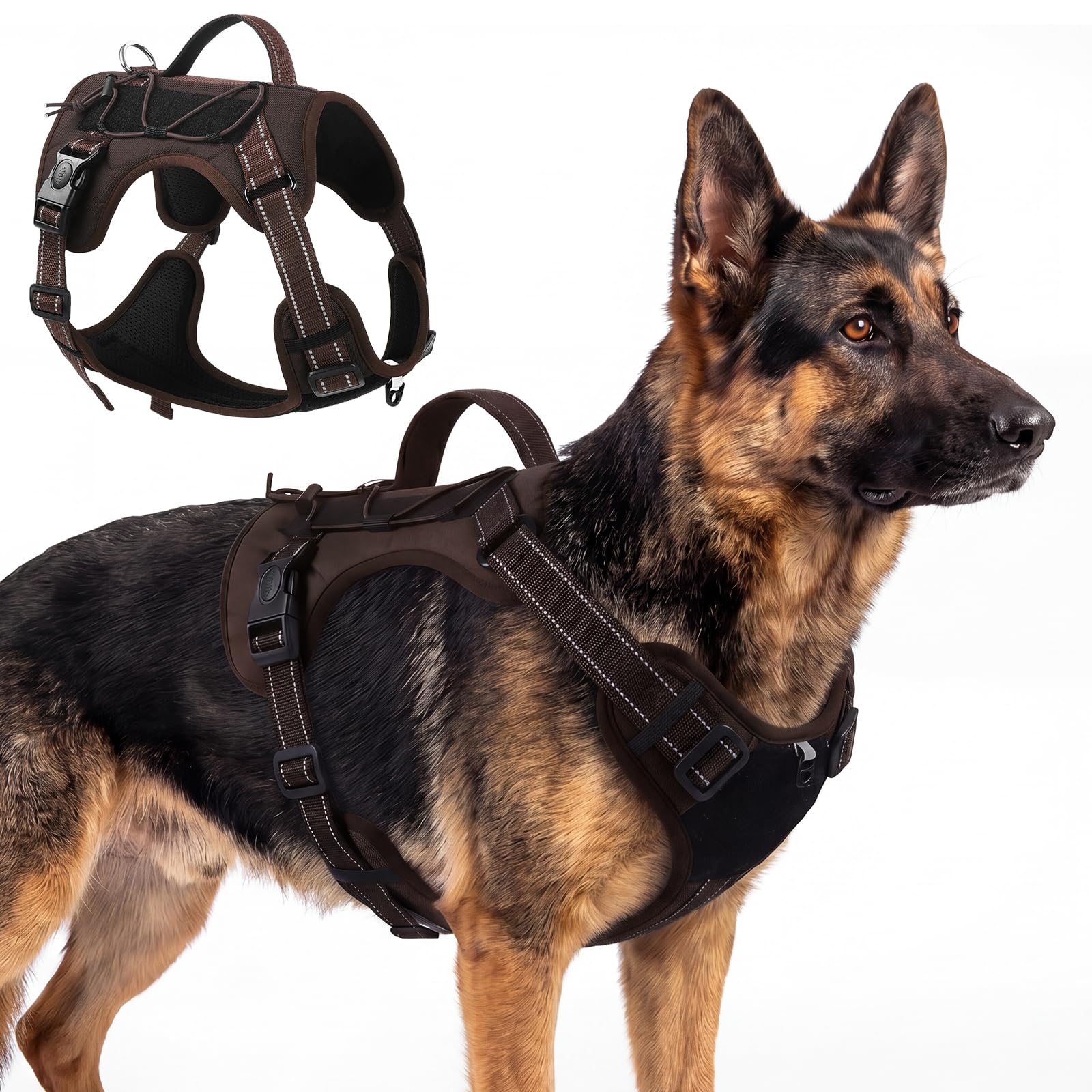 Olcyren Dog Harness for Small Medium Large Dogs, Adjustable Reflective Soft Padded Dog Harness with Easy Control Handle, No-Choke Tactical Breathable Mesh Pet Vest Harness for Walking (Coffee, XL)
