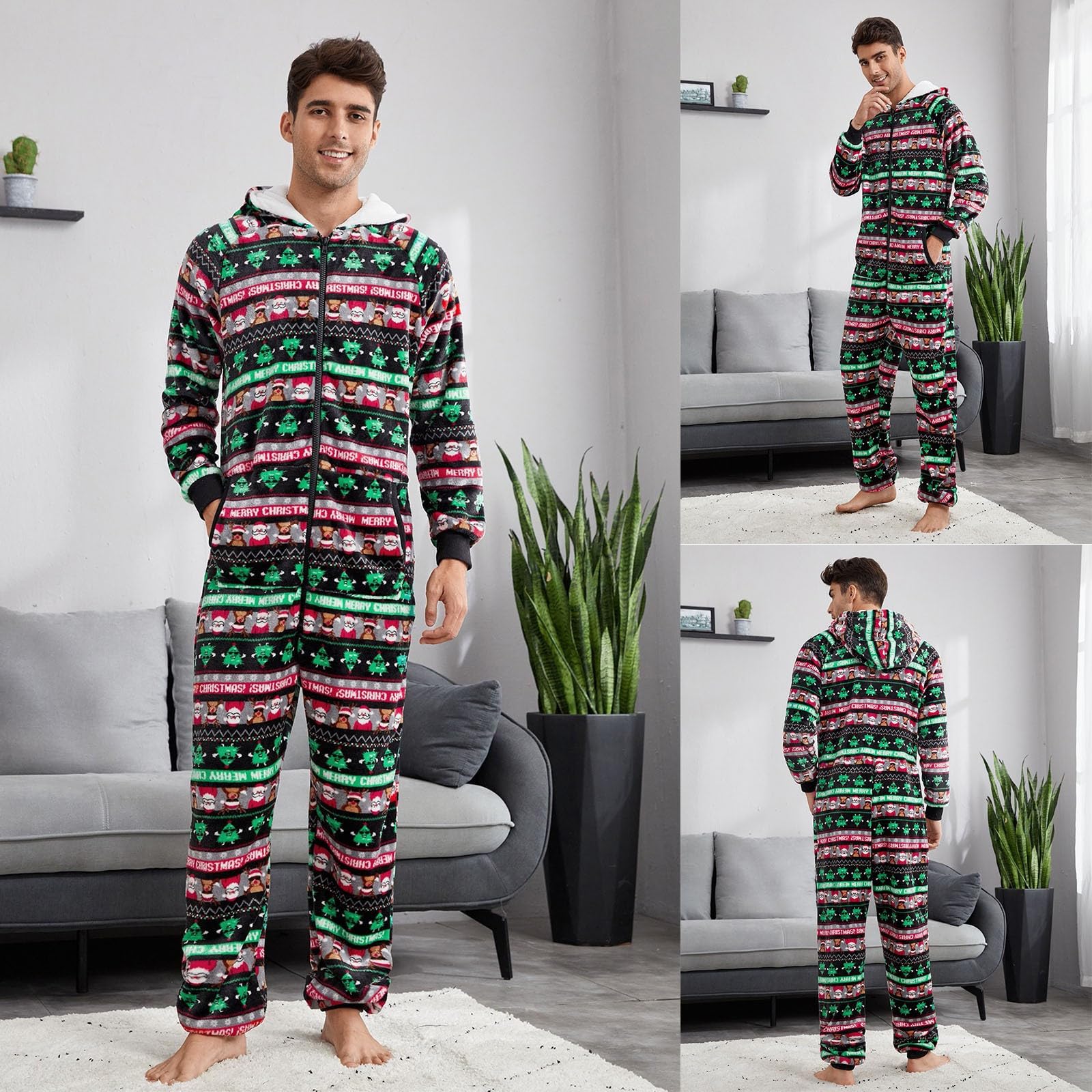 Genérico Pijama Hombre Navidad Franela Forrado Estampado Holgado Manga Larga con Bolsillos