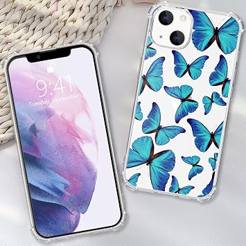 Blue Butterfly Case for iPhone 13, Transparent Shockproof TPU Bumper Protective Cover Case with Air Cushion & Shock Absorption