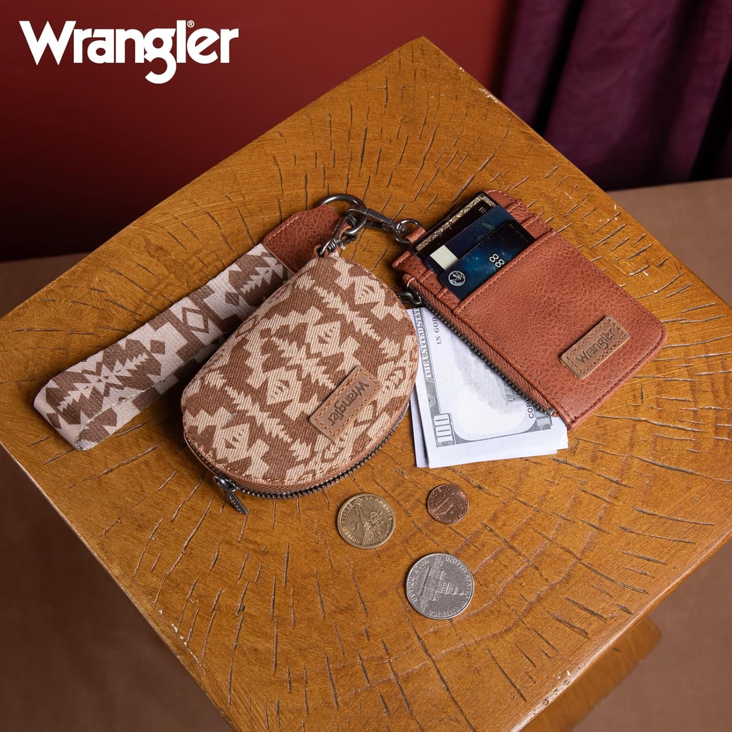 Wrangler Aztec Keychain Wristlet Wallets for Women Western Dual Pouch Wristlet Credit Card Holder Wallet with Zipper Pocket WG2212-W0051BR - Image 6