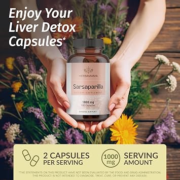 HERBAMAMA Sarsaparilla Root Capsules Liver Support, Skin Health & Gentle Detox Support Herbal Supplement 1000 mg Sarsaparilla Root Powder per Serving Vegan, Non-GMO,100 Capsules (50 Servings)