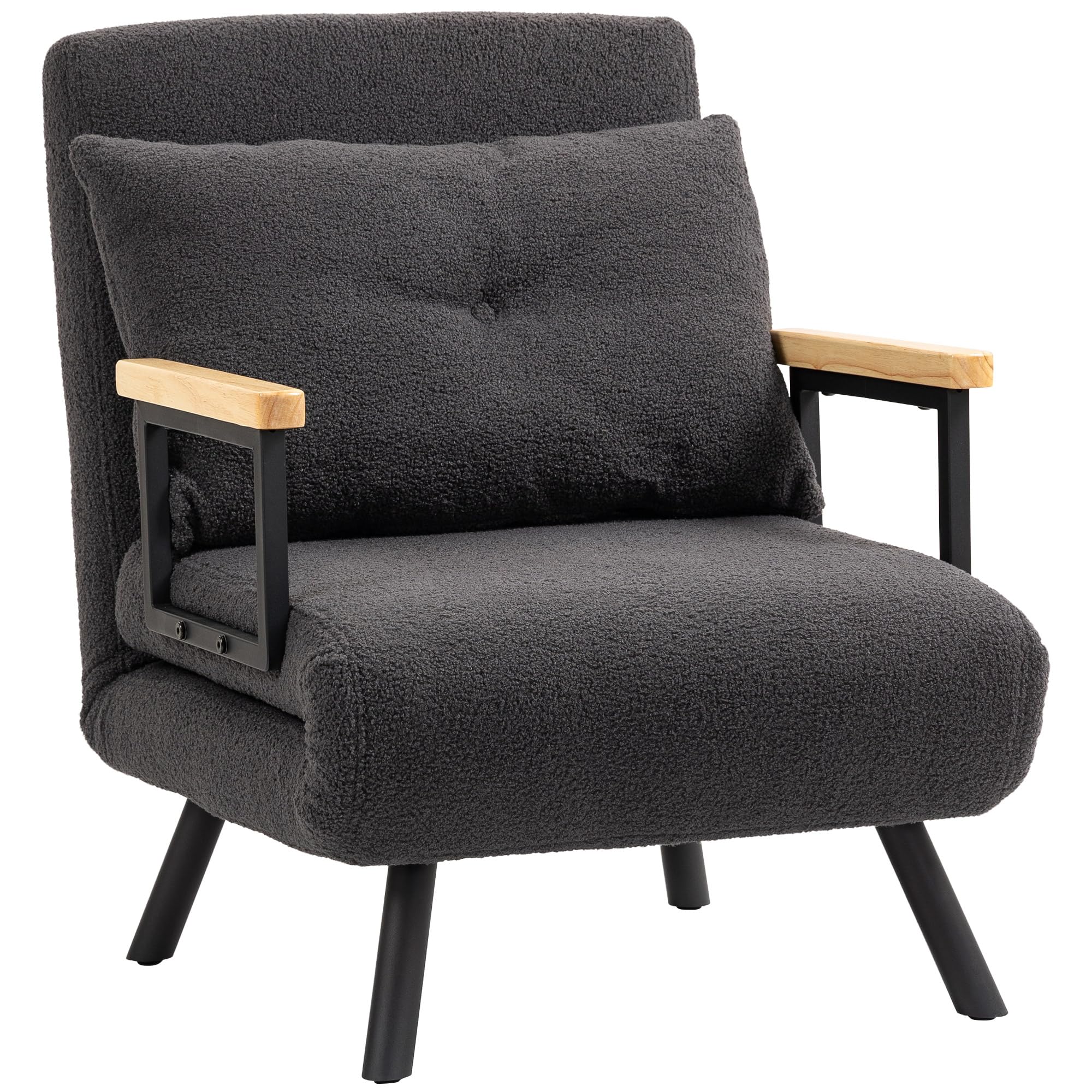 HOMCOM Sofá Cama de 1 Plaza Sofá Cama Plegable Tapizado en Borreguito con Respaldo Ajustable de 5 Niveles y Almohada Acolchada para Oficina Dormitorio Salón 63x73x81 cm Gris Oscuro