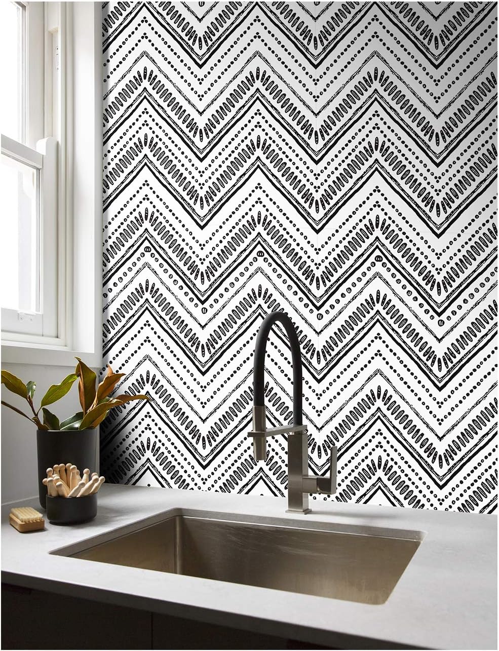 HAOKHOME Black and White Wallpaper Boho Geometric Self Adhesive Textured Wall Paper Modern for Bathroom Decor 17.7in x 32.8ft