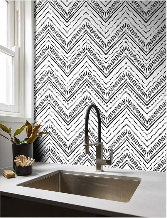 HAOKHOME Black and White Wallpaper Boho Geometric Self Adhesive Textured Wall Paper Modern for Bathroom Decor e 17.7in x 9.8ft