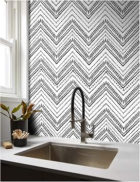 HAOKHOME Black and White Wallpaper Boho Geometric Self Adhesive Textured Wall Paper Modern for Bathroom Decor e 17.7in x 9.8ft