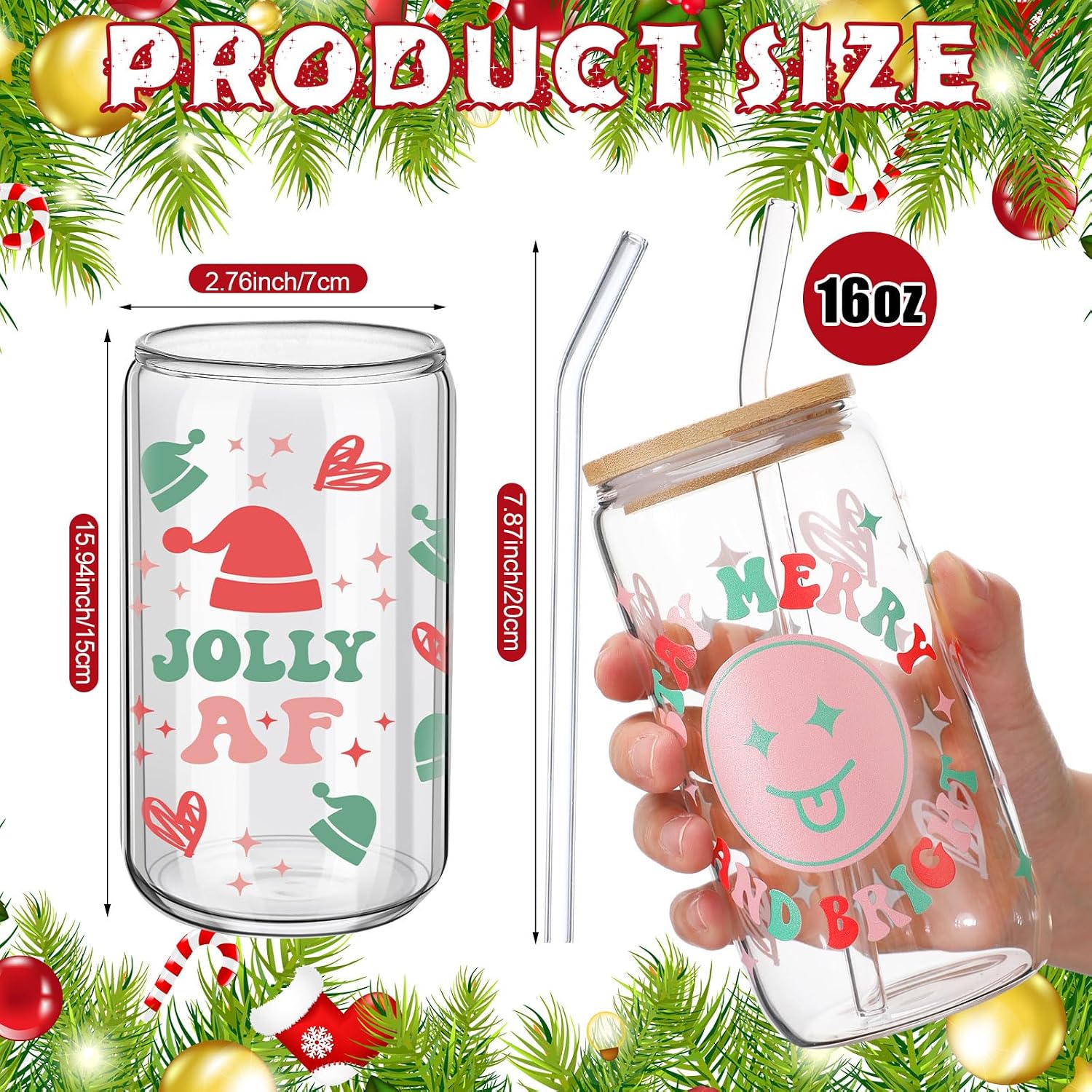 6 Pcs Christmas Glass Cup with Lids and Straws 16 oz Cute Tumbler image 3