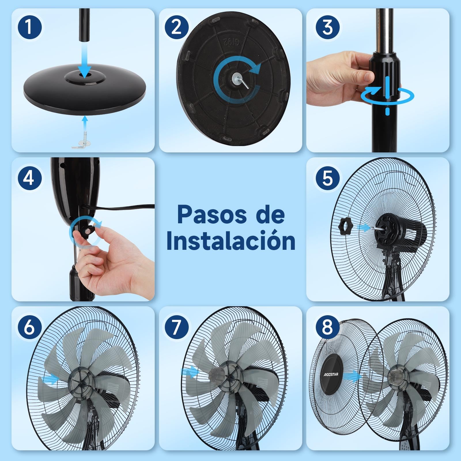 Aigostar Ventilador de Pie Silencioso, 9 Aspas, Mando a Distancia, 3 Velocidades, 3 Modos, Temporizador 7,5 Horas, Oscilante 80º, Ventilador de Altura Ajustable, Base Antideslizante, 35 m2, 55 W, Carr