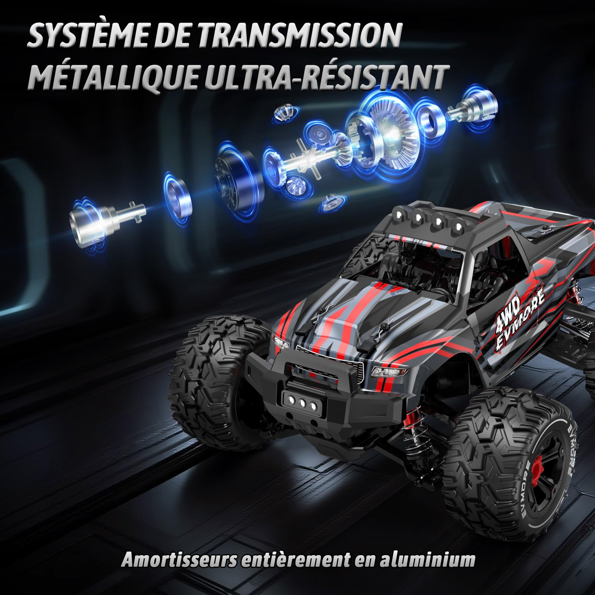 Evmore Voiture Télécommandée 1:16 4WD, 2,4 GHz Voiture RC Haute Vitesse Moteur sans Balais 55 km/h, 4x4 Télécommandée Tout Terrain Étanche Véhicule Électrique RTR Jouets avec 2 Batteries pour 40mins