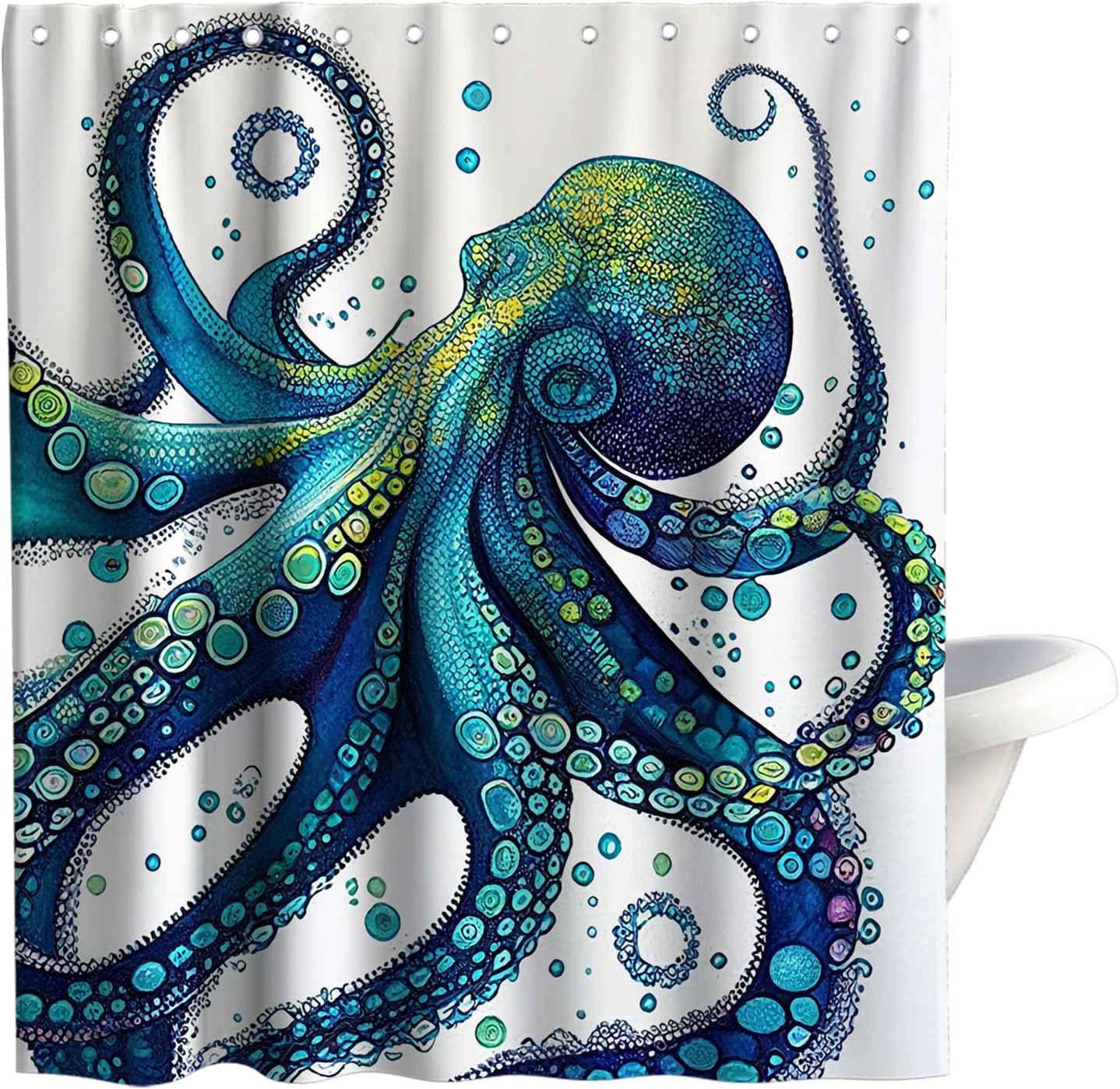 Abstract Ocean Octopus Theme No Hook Waffle Weave Shower Curtain with Snap in Liner Nautical Beach Whimsical Funny Bathroom Decor Set 72 W x 74 H Inch Colorful