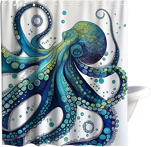 Vista 24 de Juego de cortinas de ducha náuticas de tela, diseño de pulpo, monstruo, velero, decoración de baño con ganchos, impermeable, lavable, 72 x 72