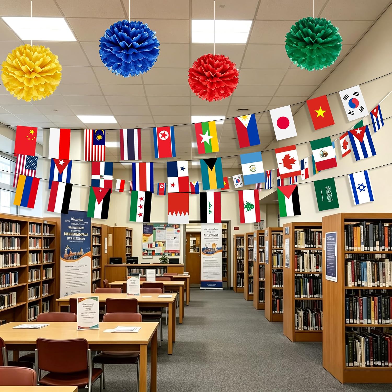 International Flags Banner Garland 48 Countries with 4 Pom Poms, Mini World Country Flags Bunting for Multicultural Party, Sports Event, Classroom, Festival, Bar and International Decorations