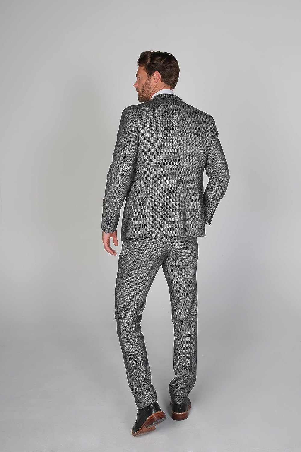 Men’s Tweed Textured Retro Suit Tailored Fit 3 Piece Wedding Outfit Set in Navy Blue & Grey, Chest 38R - Waist 30R