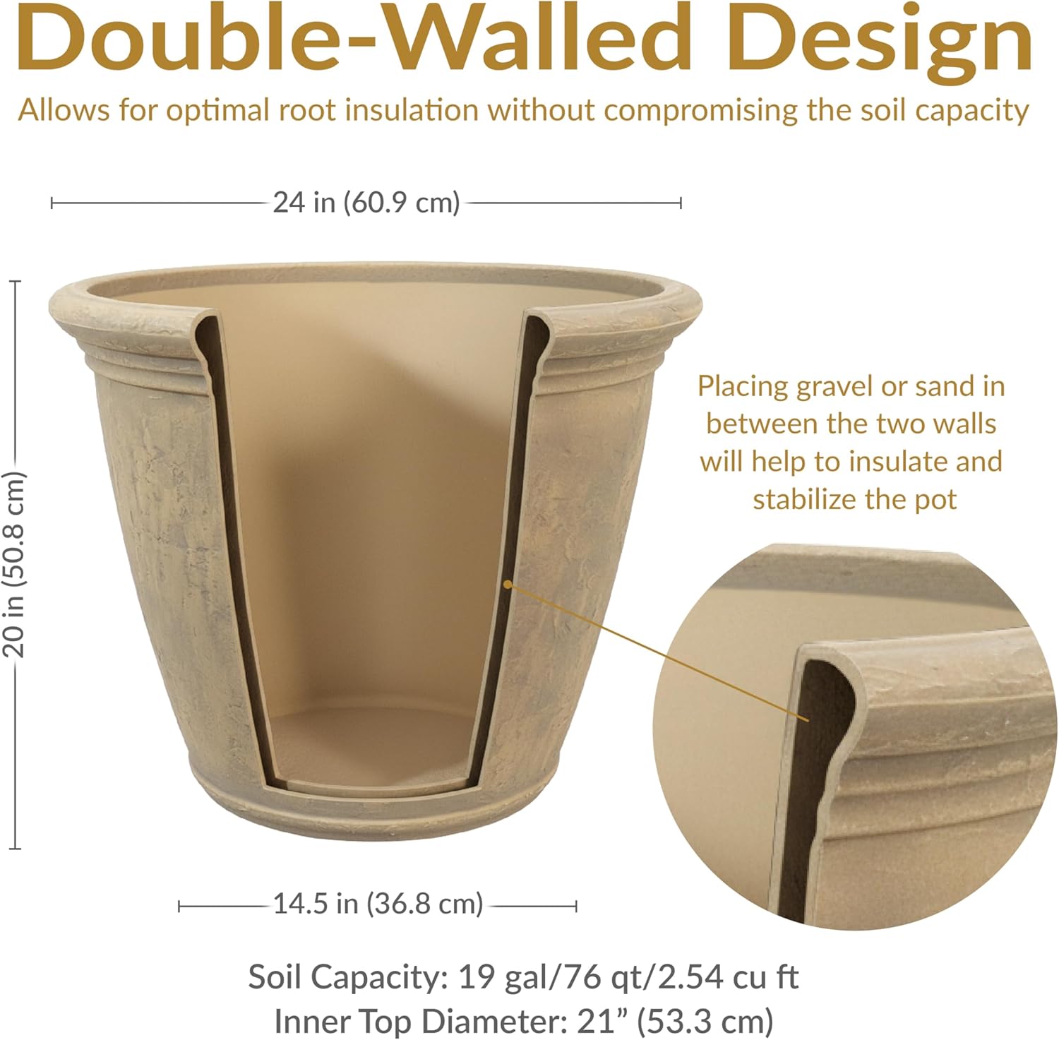 Sunnydaze 24-Inch Anjelica Large Plastic Pot for Plants - Outdoor Double-Walled Large Plastic Planter with Drillable Drainage Holes - Beige