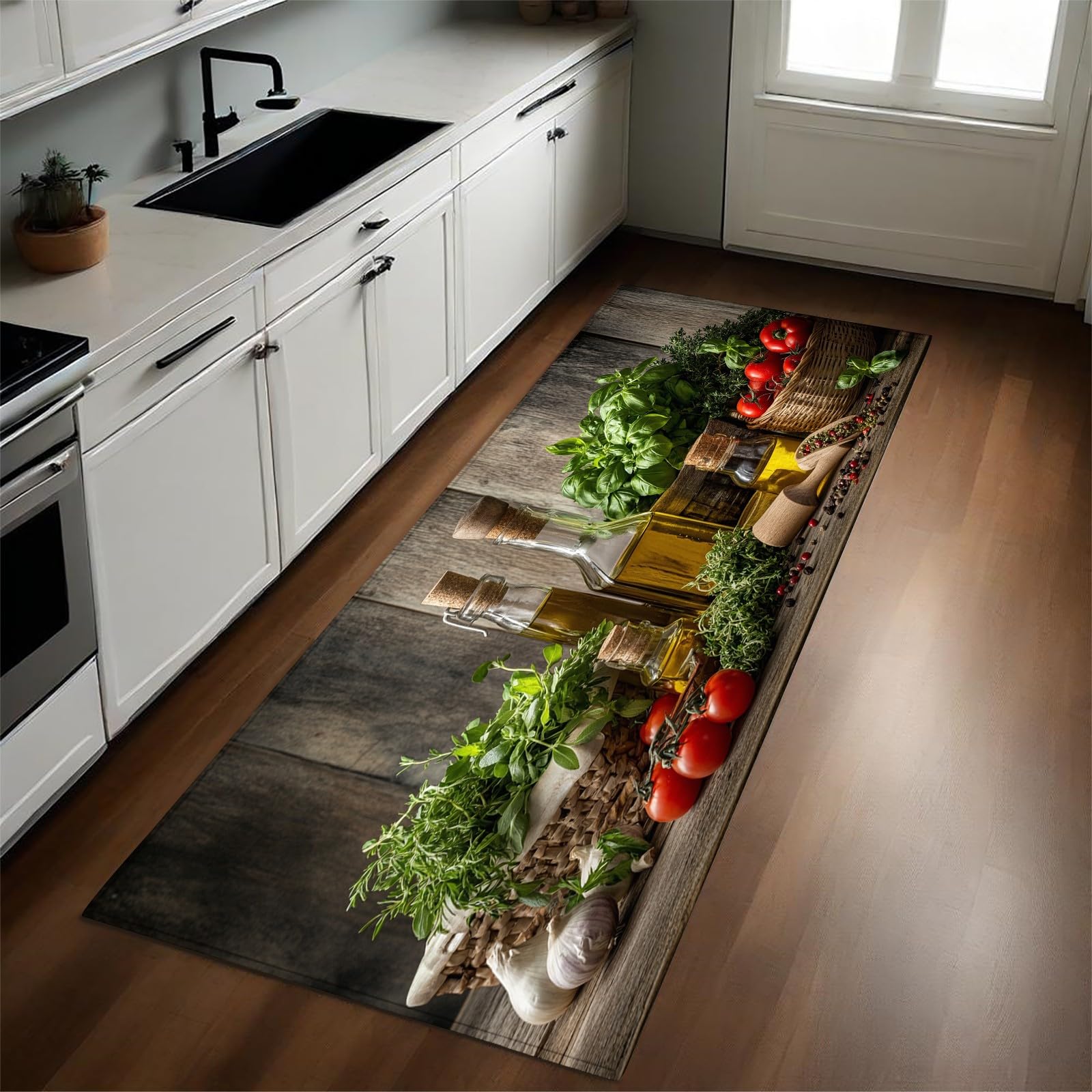 Küchenthema Küchenteppich 50x150 cm Gemüse und Gewürze rutschfest Waschbar Küchenläufer Küchenteppich für Küche und Bar Teppich Läufer Dekorative Küchenmatte