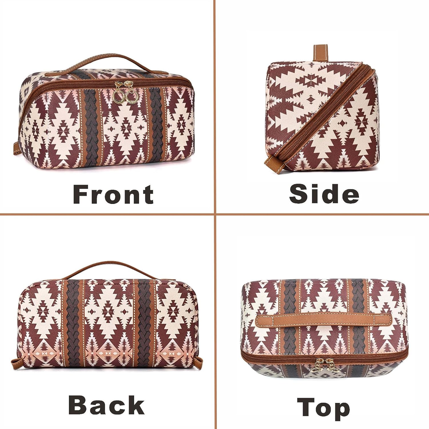 Bohemian Style PU Makeup Bag - Portable Cosmetic Case for Women | Travel Toiletry Bag in Coffee & White (White)