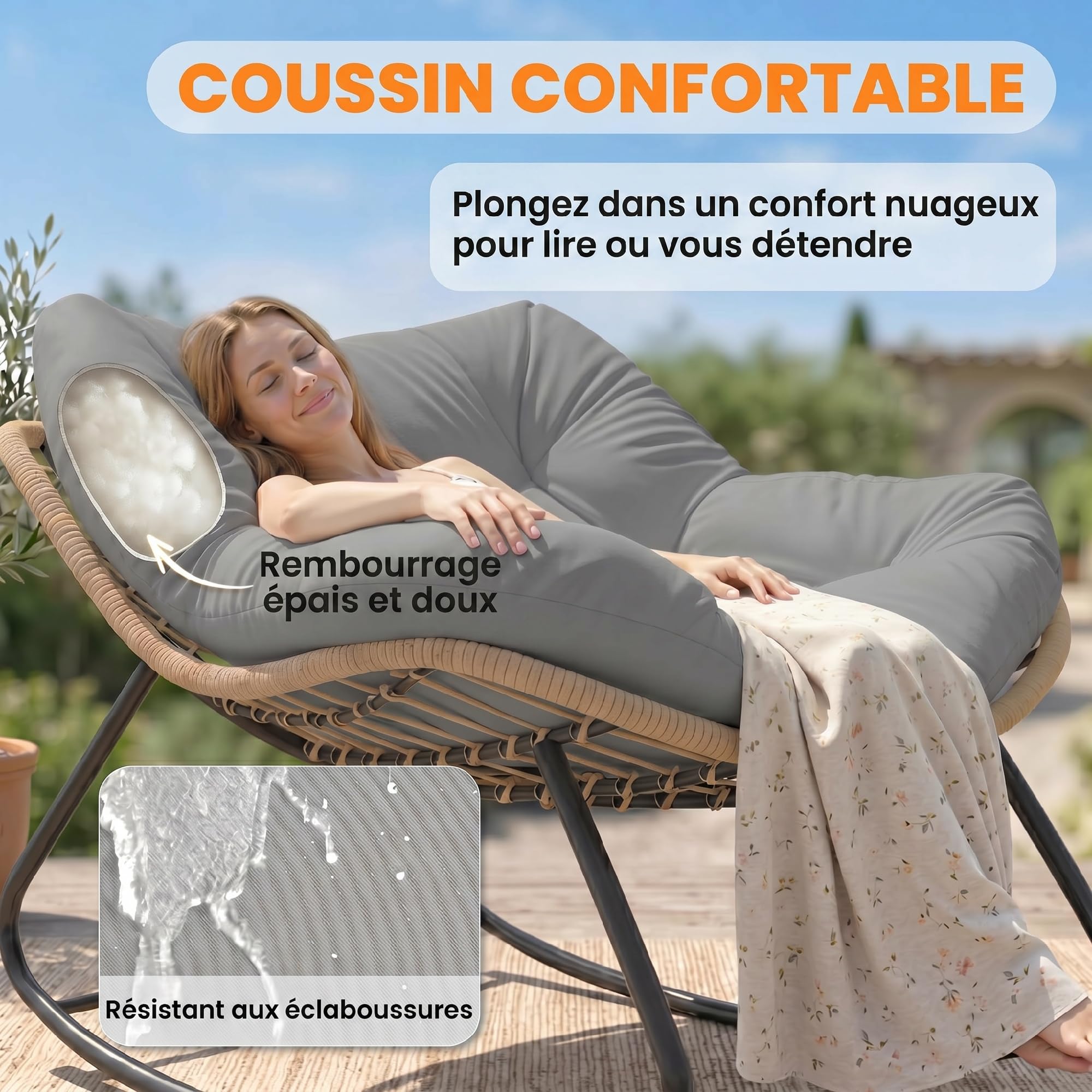Outsunny Fauteuil à Bascule Papasan, Fauteuil à Bascule Intérieur Extérieur en Résine Tréssée avec Coussin, Chaise Ovale rembourrée en Rotin pour Salon, Jardin, Patio, Balcon, Gris