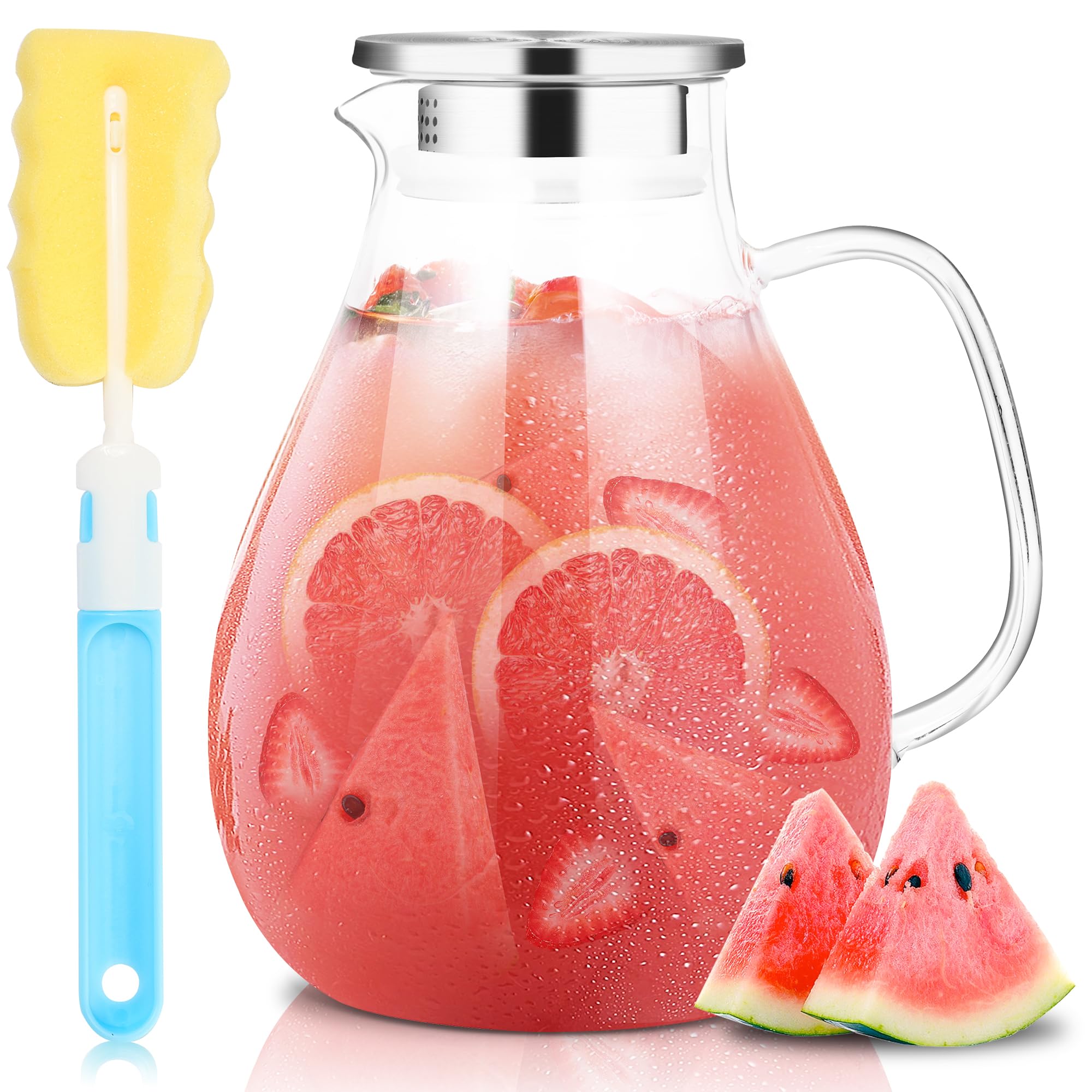 Sponsored Ad - SUSTEAS 2.2 Liter 75oz Glass Pitcher, Water Pitcher with Lid And Wide Handle, Easy Clean Juice Jug for Fridge, Beverage Carafe for Cold/Hot Water, Iced Tea, 1 Long-Handled Brush Included