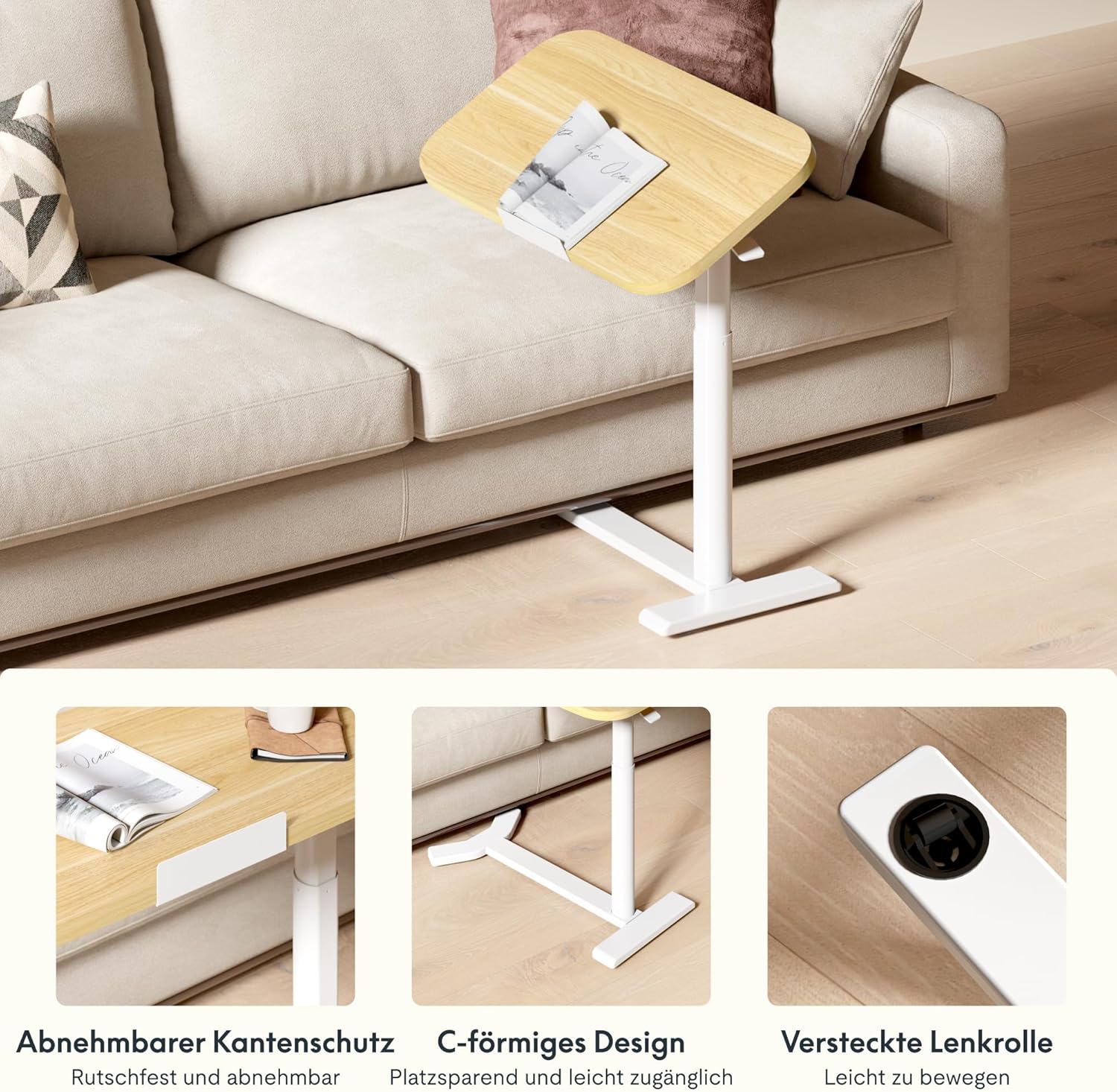 Close-up images highlighting the FLEXISPOT H5 table's features: removable edge protection, C-shaped design for easy access, and hidden casters for mobility.