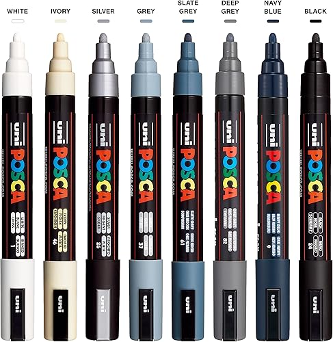 Miniatura 2 de posca Juego de rotuladores, 8 marcadores de pintura medianos de 16.4 ft, tono mono, blanco, marfil, plata, gris, azul marino, negro
