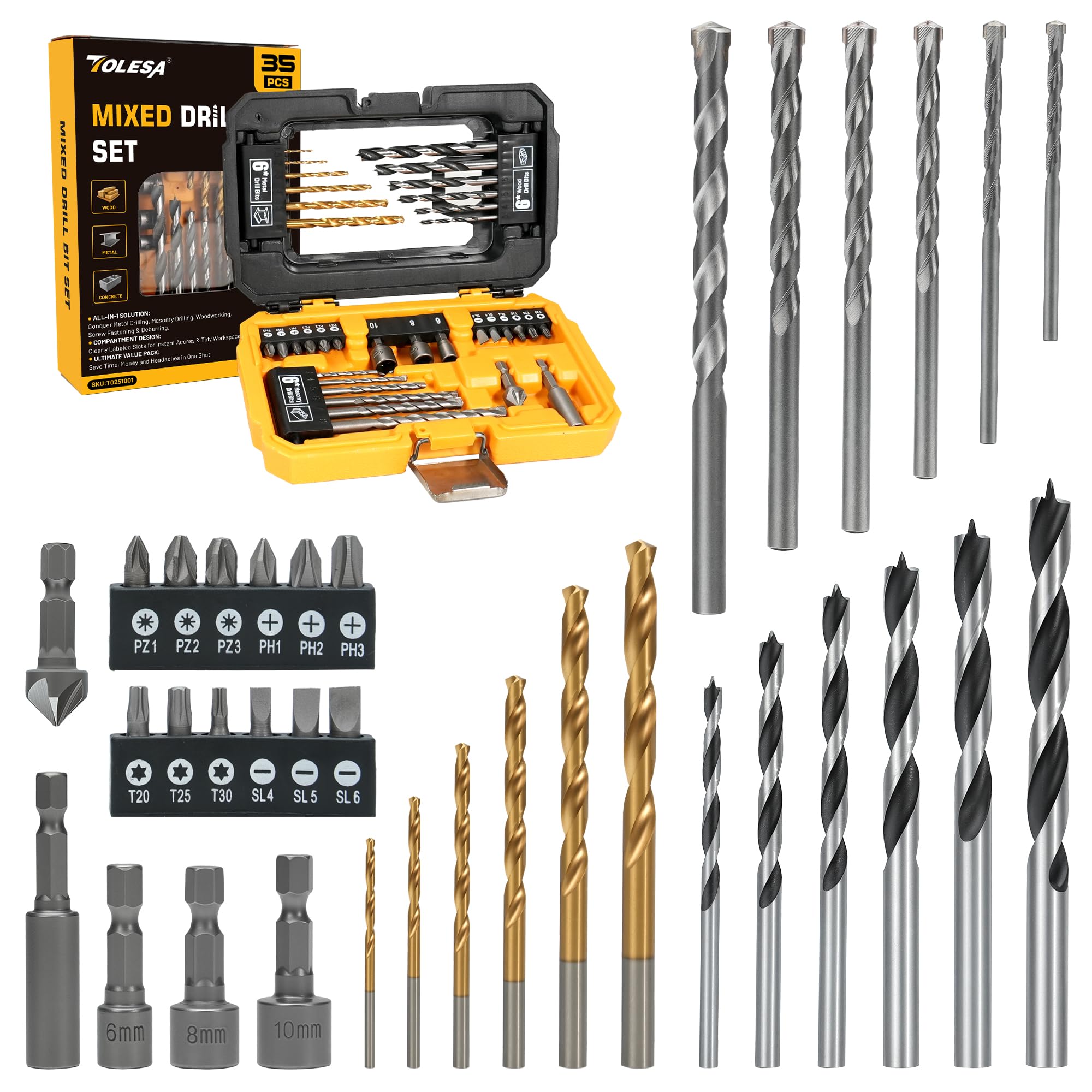 TOLESA 35 PCS Drill Bit Set, Includes Titanium Twist Drill Bits, Masonry Drill Bits, Wood Drill Bits, Nut Drivers, Countersink & More in Storage Case