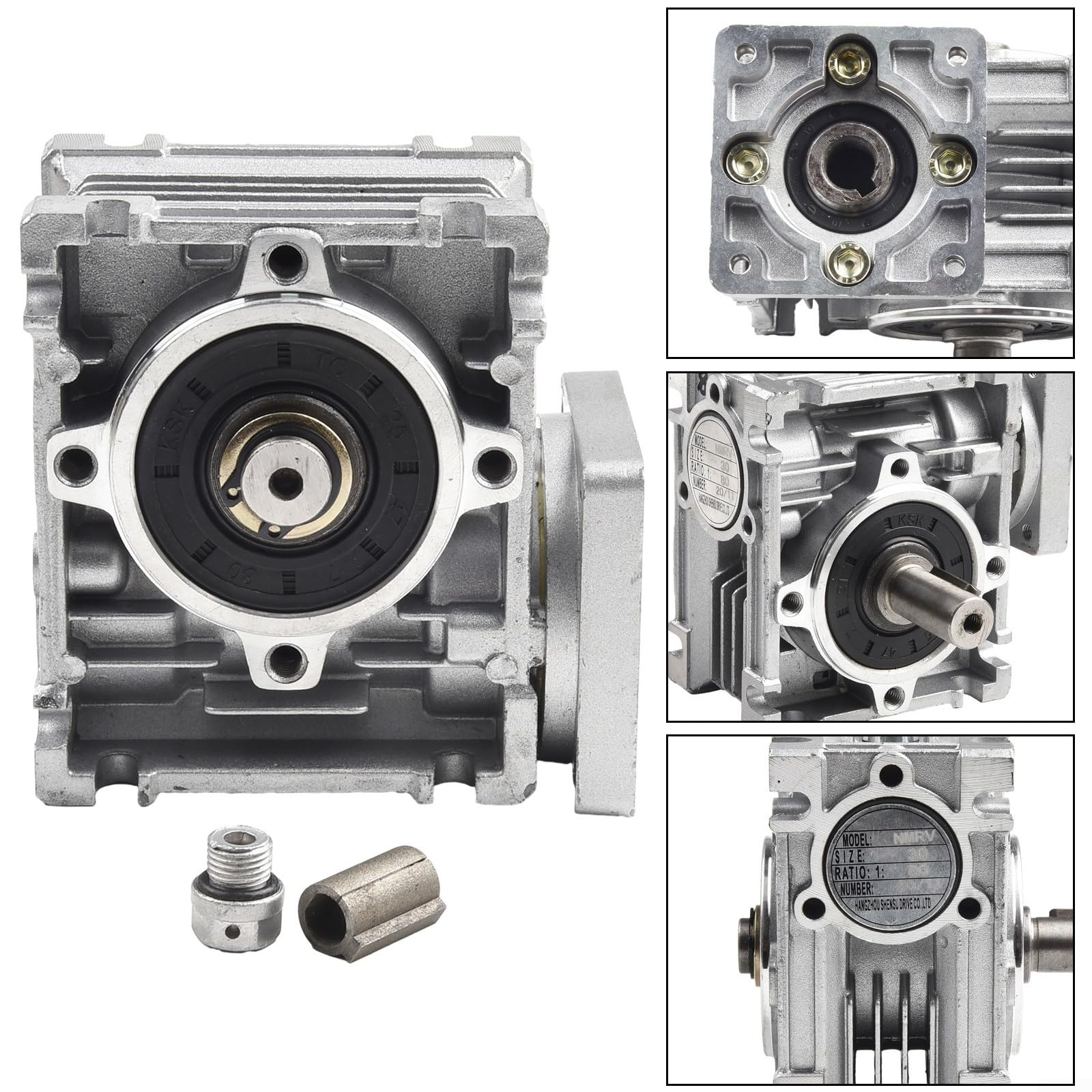 NMRV030 Schneckengetriebe Reduzierstück für NEMA 23-Motoren | 14 mm Ausgangswelle | Übersetzungen 5:1-80:1 | Edelstahl-Turbinengetriebe für 57 mm Schrittmotor-Automatisierung (5 Verhältnis 1)