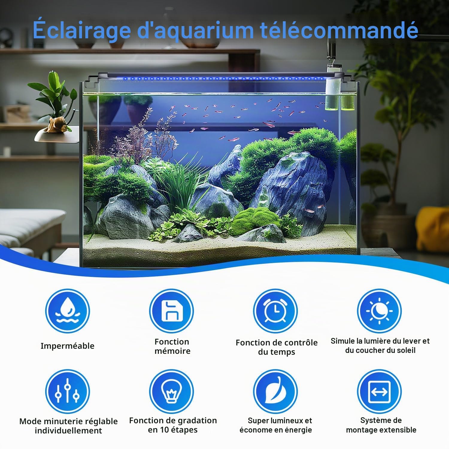 Éclairage LED pour aquarium - Spectre complet 24/7 - 10 niveaux de luminosité - Intensité variable - 45 W - Avec support extensible - Pour aquarium de 120 à 140 cm