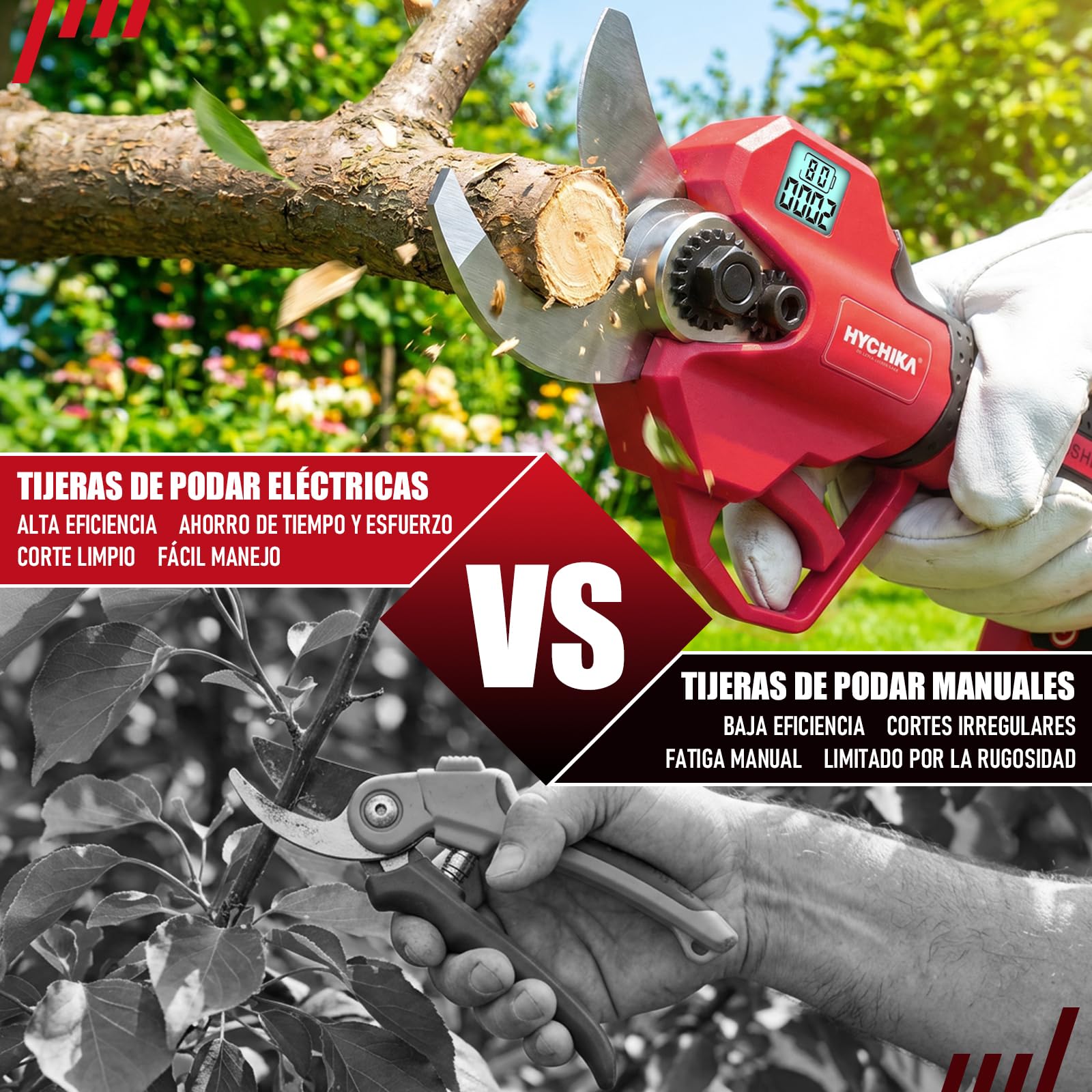 HYCHIKA tijeras de podar electricas 21 V, Cortar hasta 30 mm para Árboles | Tijeras de podar con cuchillas SK5 y pantalla LCD. Incluye 2 baterías de 1.5Ah, ideal para el cuidado de setos