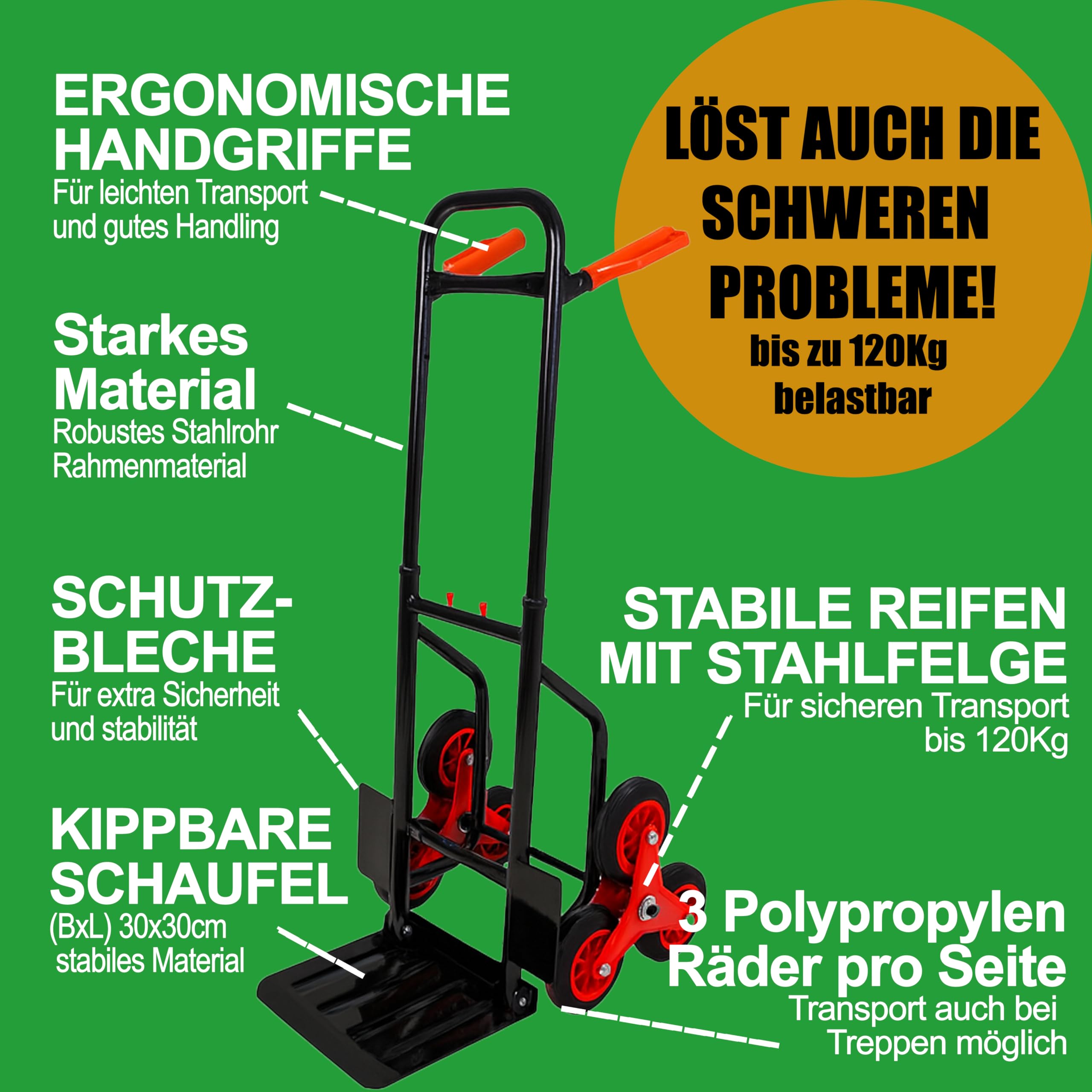 Ondis24 Klappbare Sackkarre mit Dreifachbereifung aus Stahl, 120 kg Tragkraft, Treppensteiger Transportkarre, Faltbarer Transportwagen für Umzug, Haushalt, robuste Treppenkarre mit 3-Rad-System (pro)