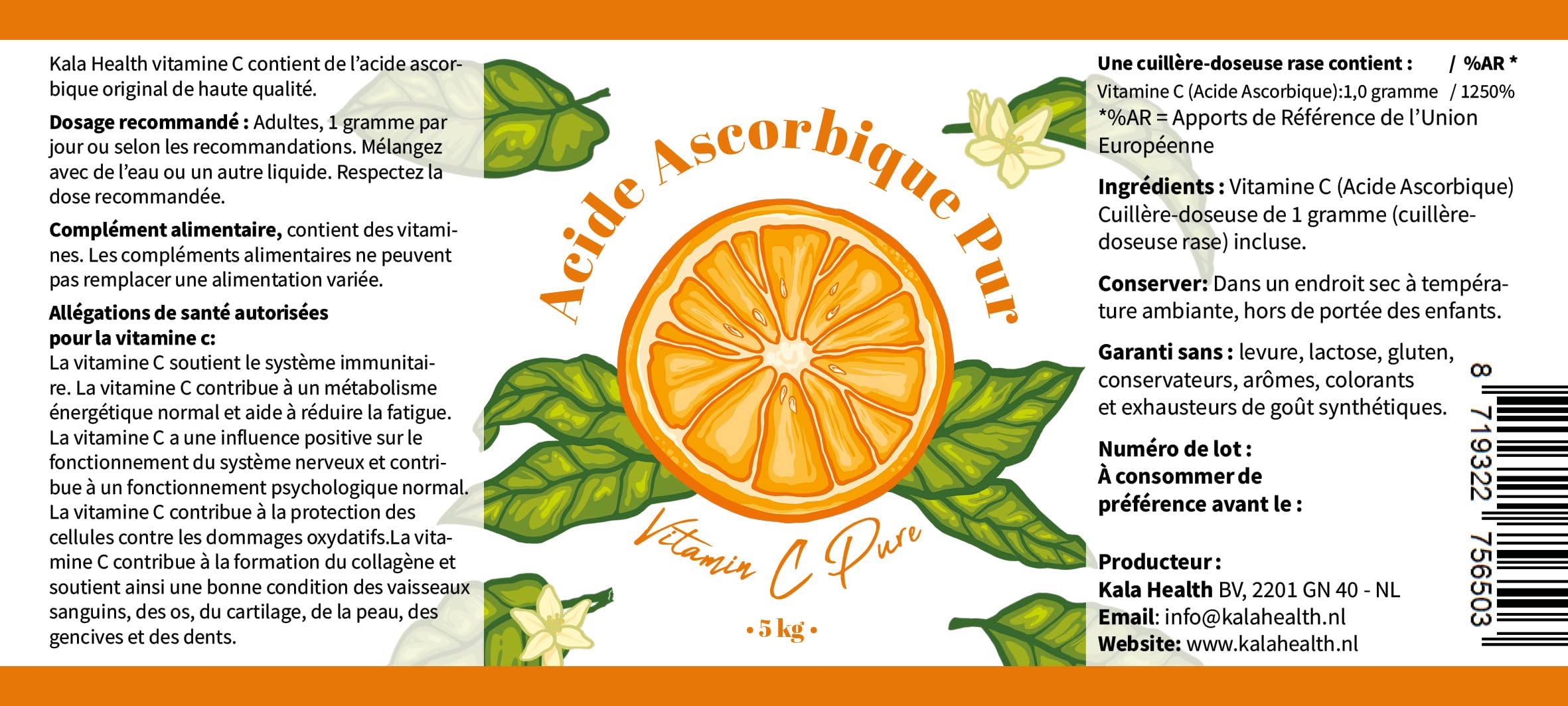 Kala Health - Vitamine C Pure 5 kg - Poudre de vitamine C - Acide ascorbique pur - Fourniture de 5000 jours x 1000 mg dosage élevé - Avec cuillère-doseuse - Végétalien - Qualité premium